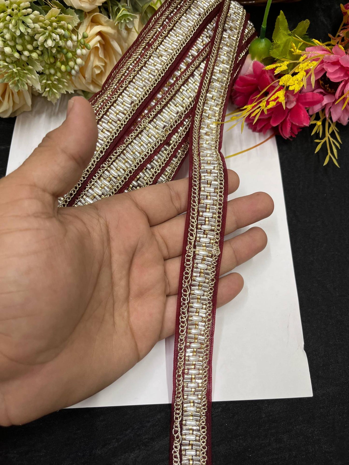Delicate Pearl Work Designer Saree Laces – 9 Meters, 1-Inch Maggam Work Border for Sarees, Lehengas & Dupattas | Maroon