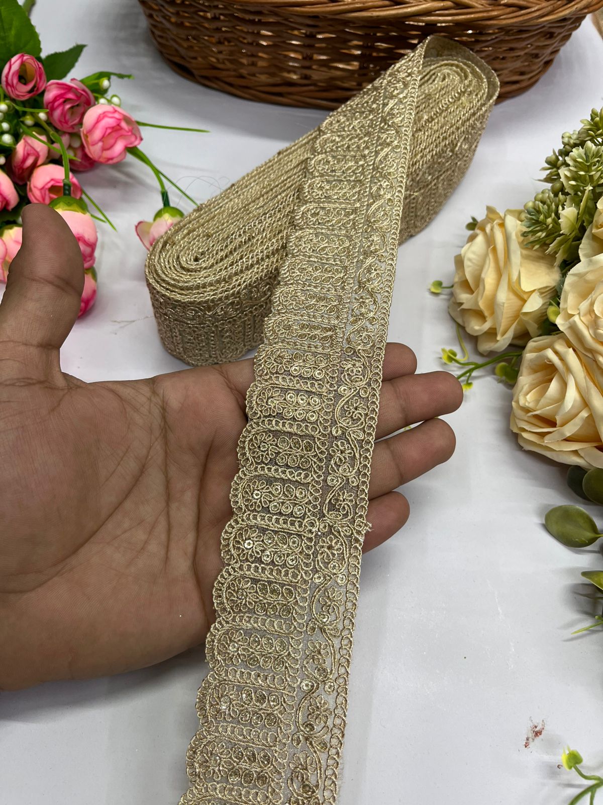 Gold Zari with Gold Sequins Embroidered Lace - 9 Meter (2 Inch Width, Mat Gold)