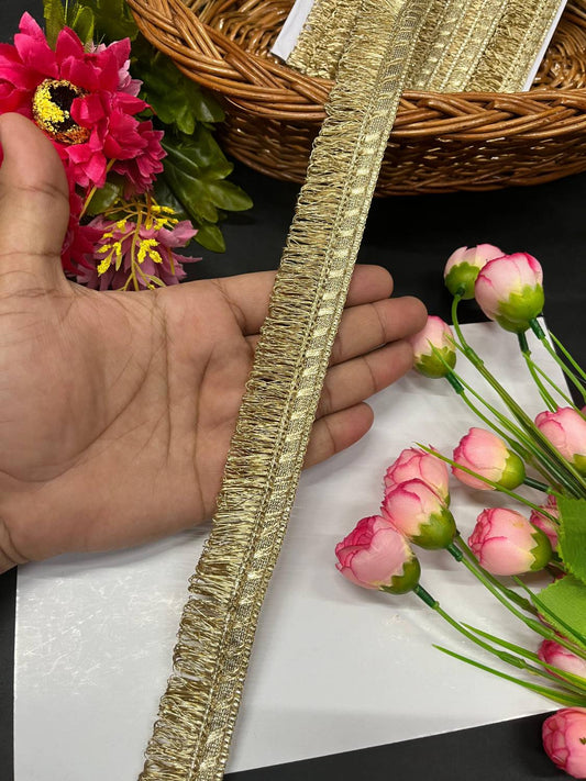 Fringe Lace | Zalar Lace | Dulhan Dupatta Zalar Lace – Traditional Latkan Border Trim for Bridal & Festive Wear (9 Meter, 1.25 Inch Width) | Mat Gold