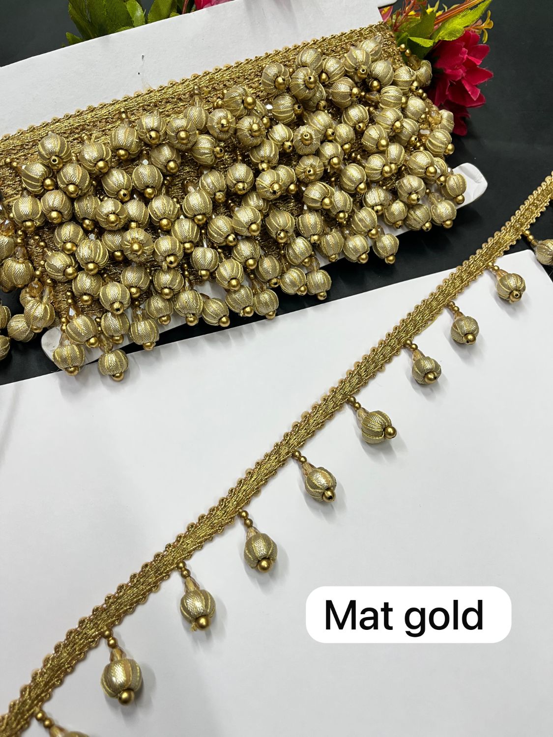 Gota Ball Hanging Lace | Gota Latkan Lace – Decorative Lace for Sarees, Dupattas, and Dresses (9 mtr, 1.5 inch) | Mat Gold