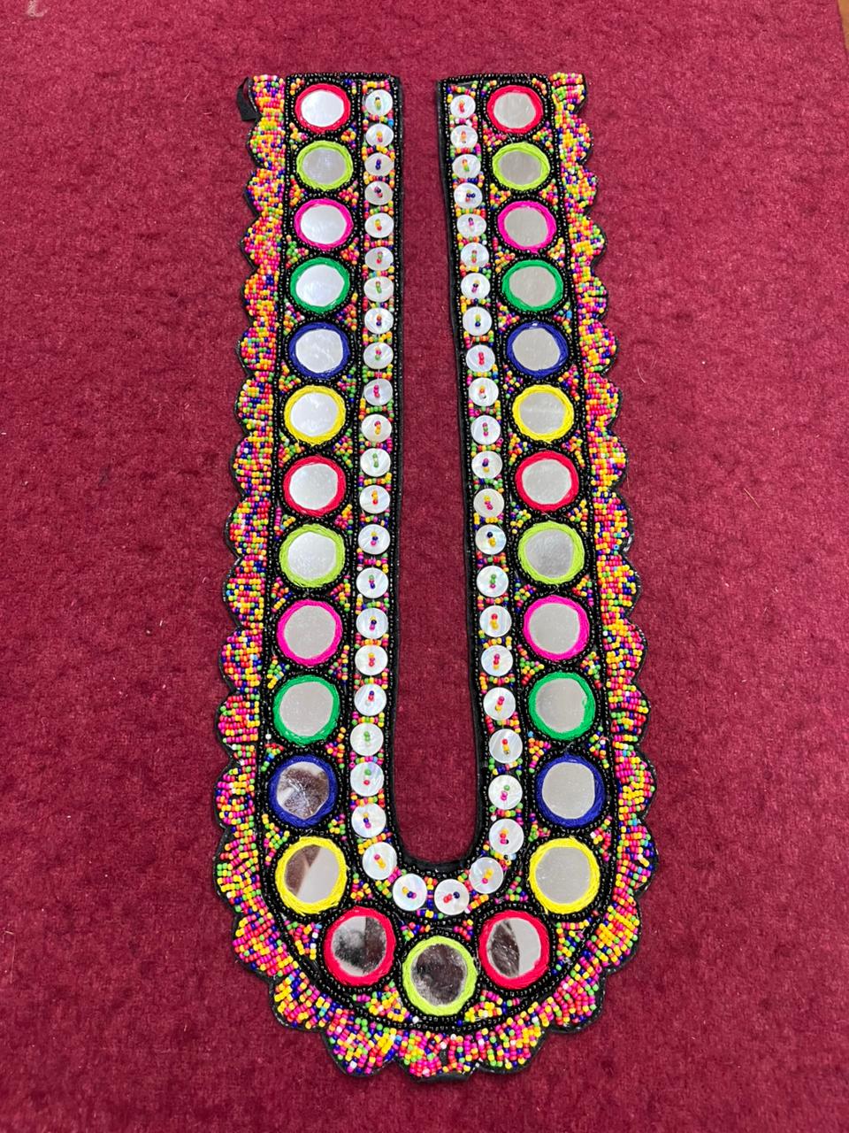 Multicoloured Mirror Work Neck Patch for Dresses & Kurtis – Designer Handcrafted Embellished Neck Applique | Multi 1