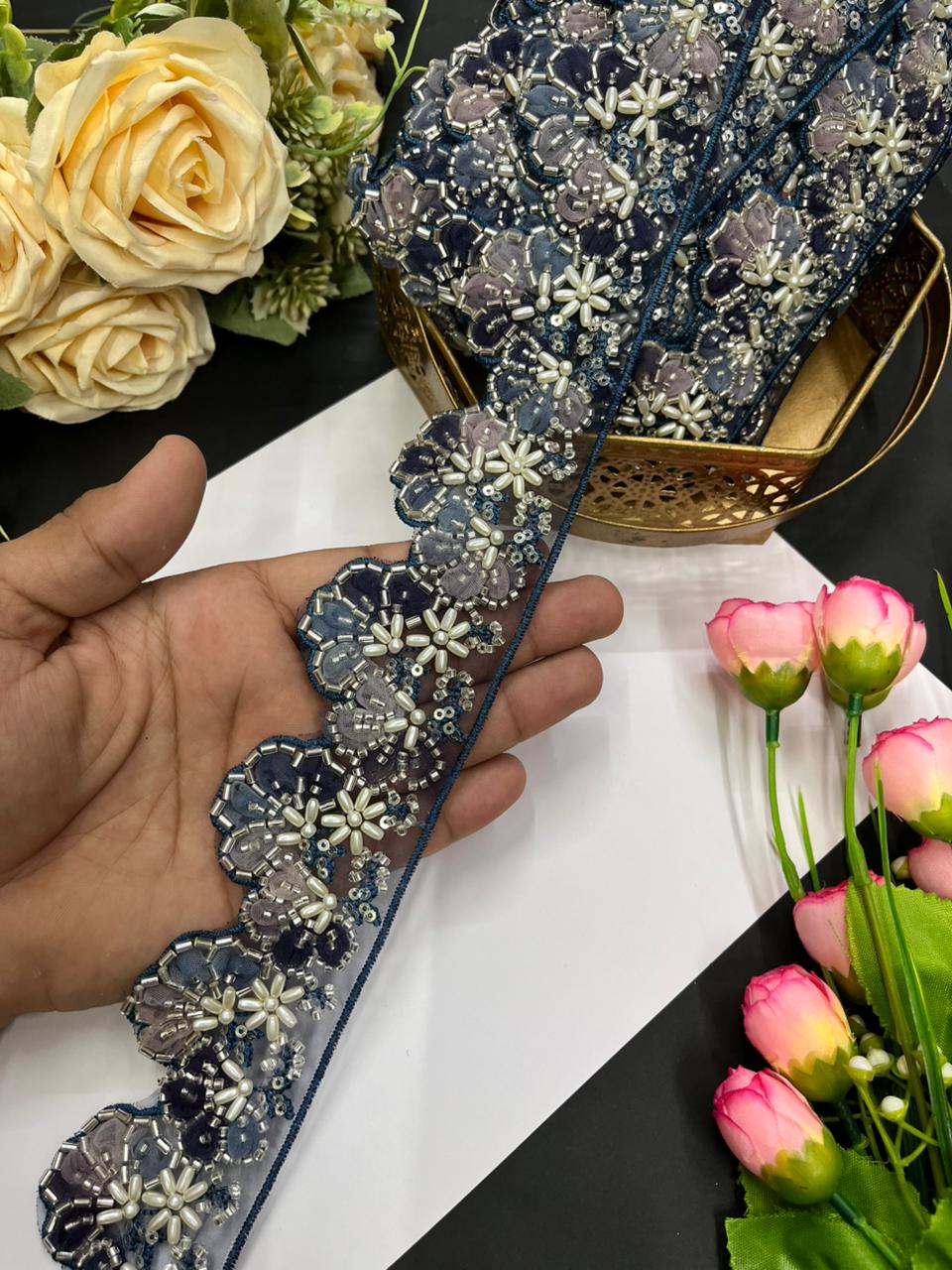 Luxurious Flower Design Imported Lace Trims – Premium 2.5 Inch Decorative Border for Sarees, Blouses & Ethnic Wear (9 Meter) | Multi 2