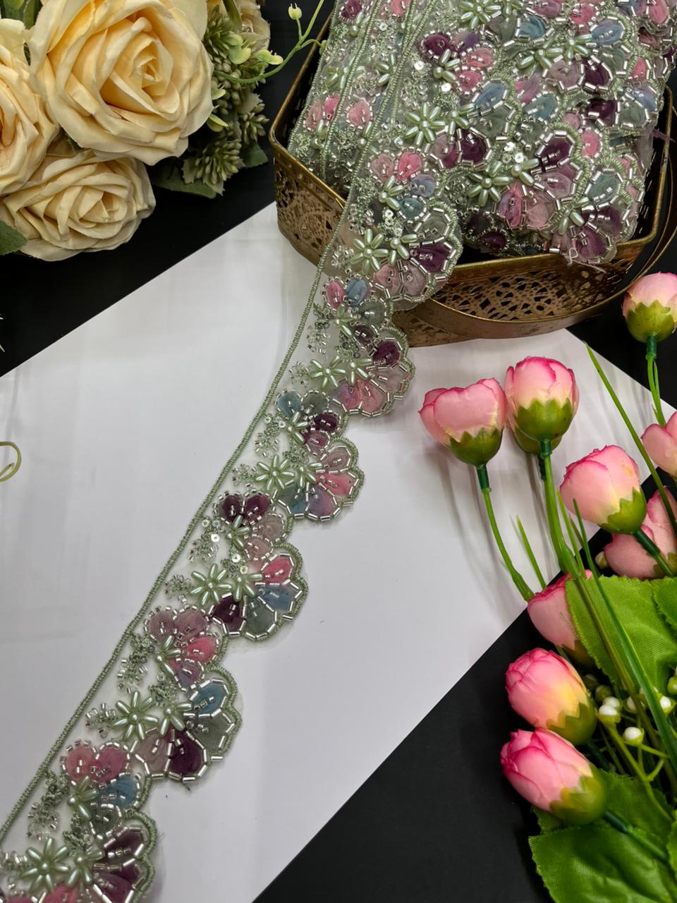 Luxurious Flower Design Imported Lace Trims – Premium 2.5 Inch Decorative Border for Sarees, Blouses & Ethnic Wear (9 Meter) | Multi 6