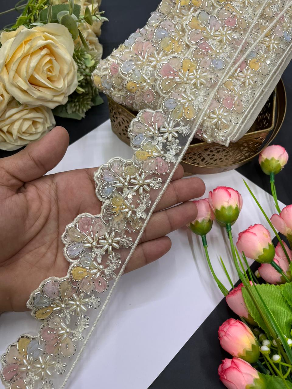Luxurious Flower Design Imported Lace Trims – Premium 2.5 Inch Decorative Border for Sarees, Blouses & Ethnic Wear (9 Meter) | Multi 7