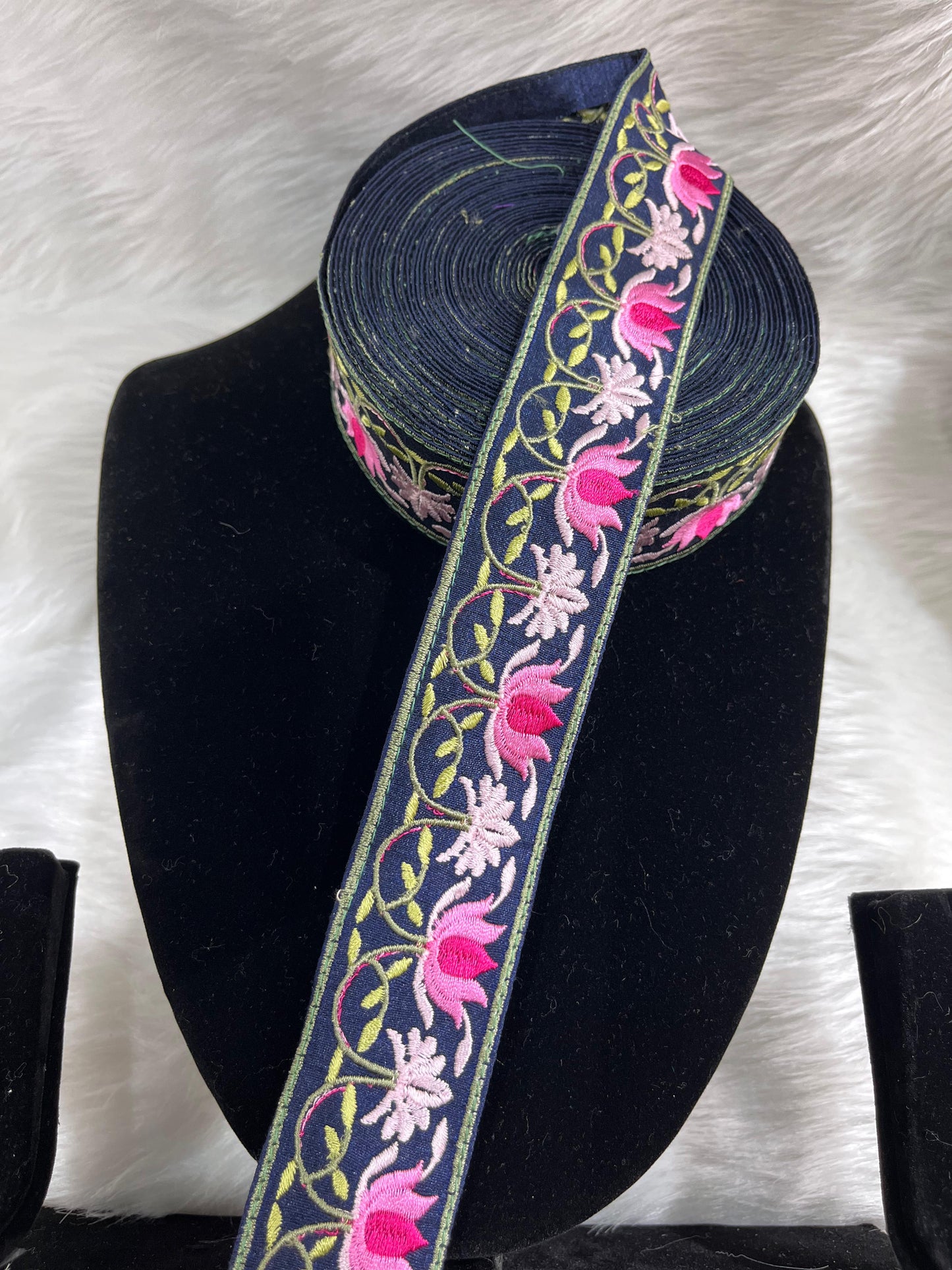 Parsi Work Flower Thread Embroidered Lace – 9 Meters, 1.5-Inch Width, Handcrafted Border Trim | Navy Blue