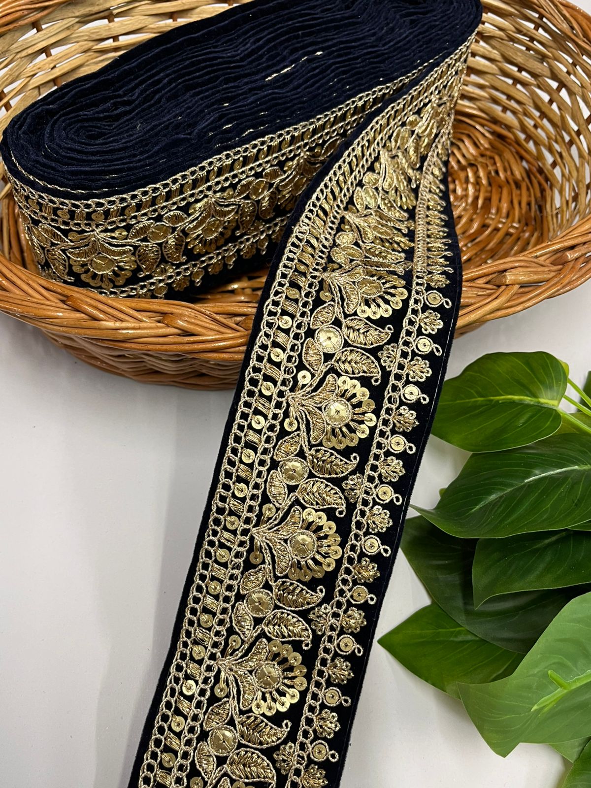 Gold Zari Embroidered Velvet Fancy Dress Lace | Velvet Lace Design (9 Mtr) | Navy Blue