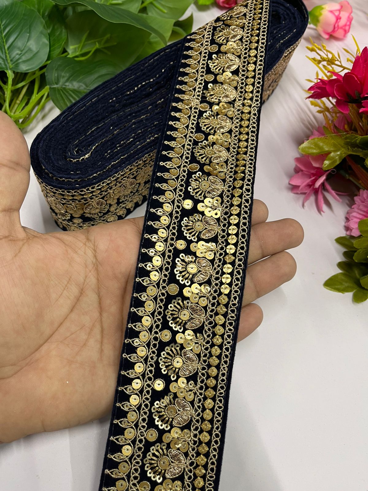 Gold Zari Sequins Embroidered Velvet Lace Border | Velvet Designer Lace (9 Mtr) | Navy Blue