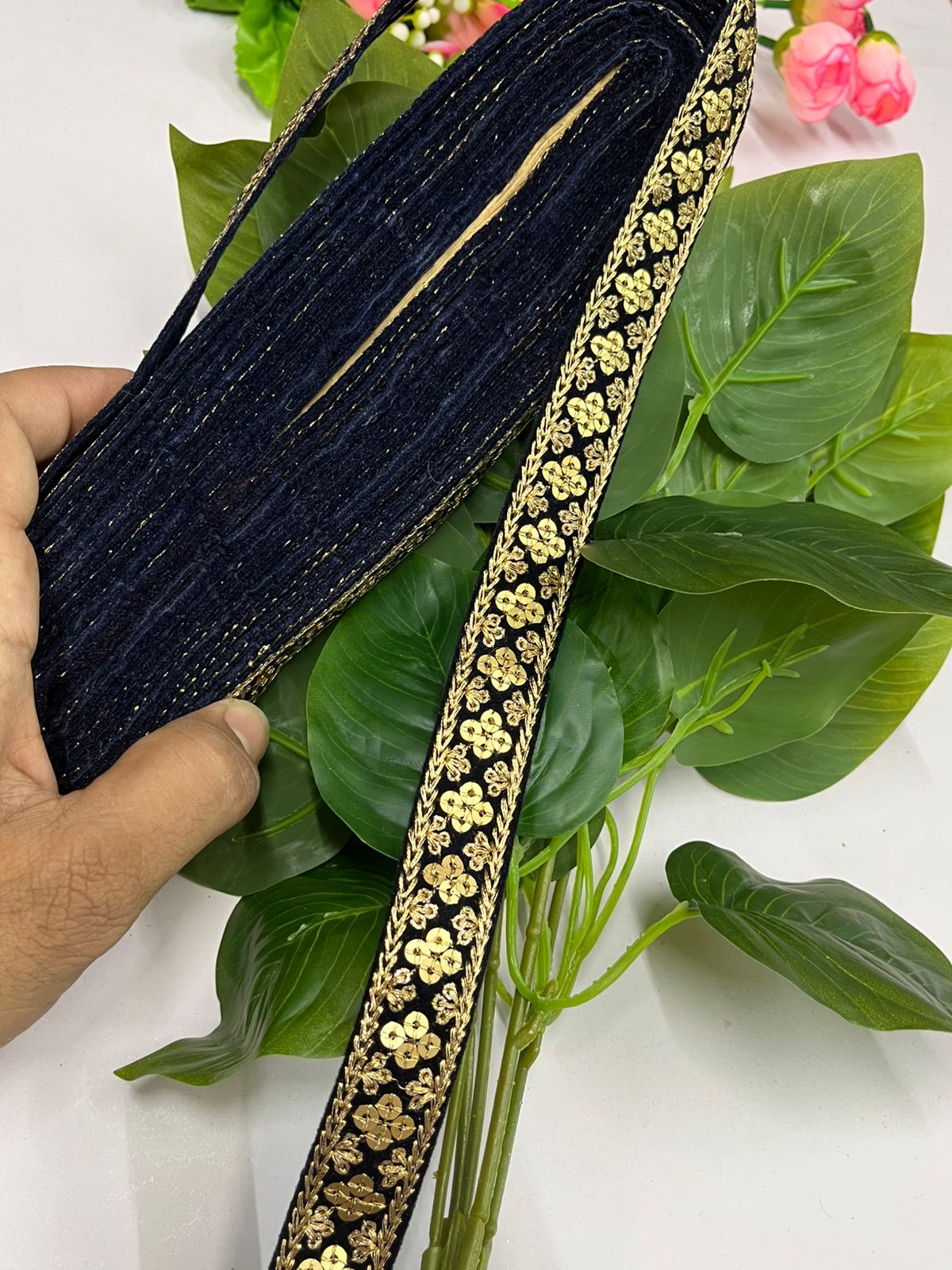 Zari Sequins Embellished Velvet Embroidered Saree Lace | Sari Velvet Fabric Lace Border (9 Mtr) | Navy Blue