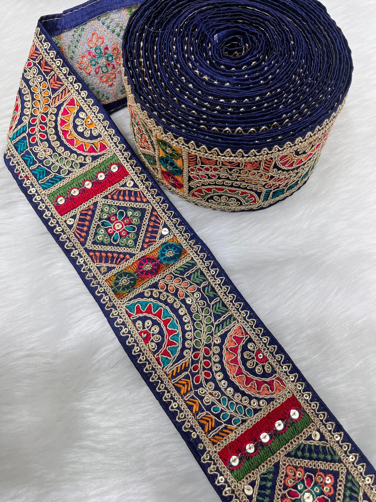 3 Inch Indian Saree Lace Border Embroidered Trim – Floral Decorative Ribbon for Art Quilts & Craft Projects (9 Meter) | Navy Blue