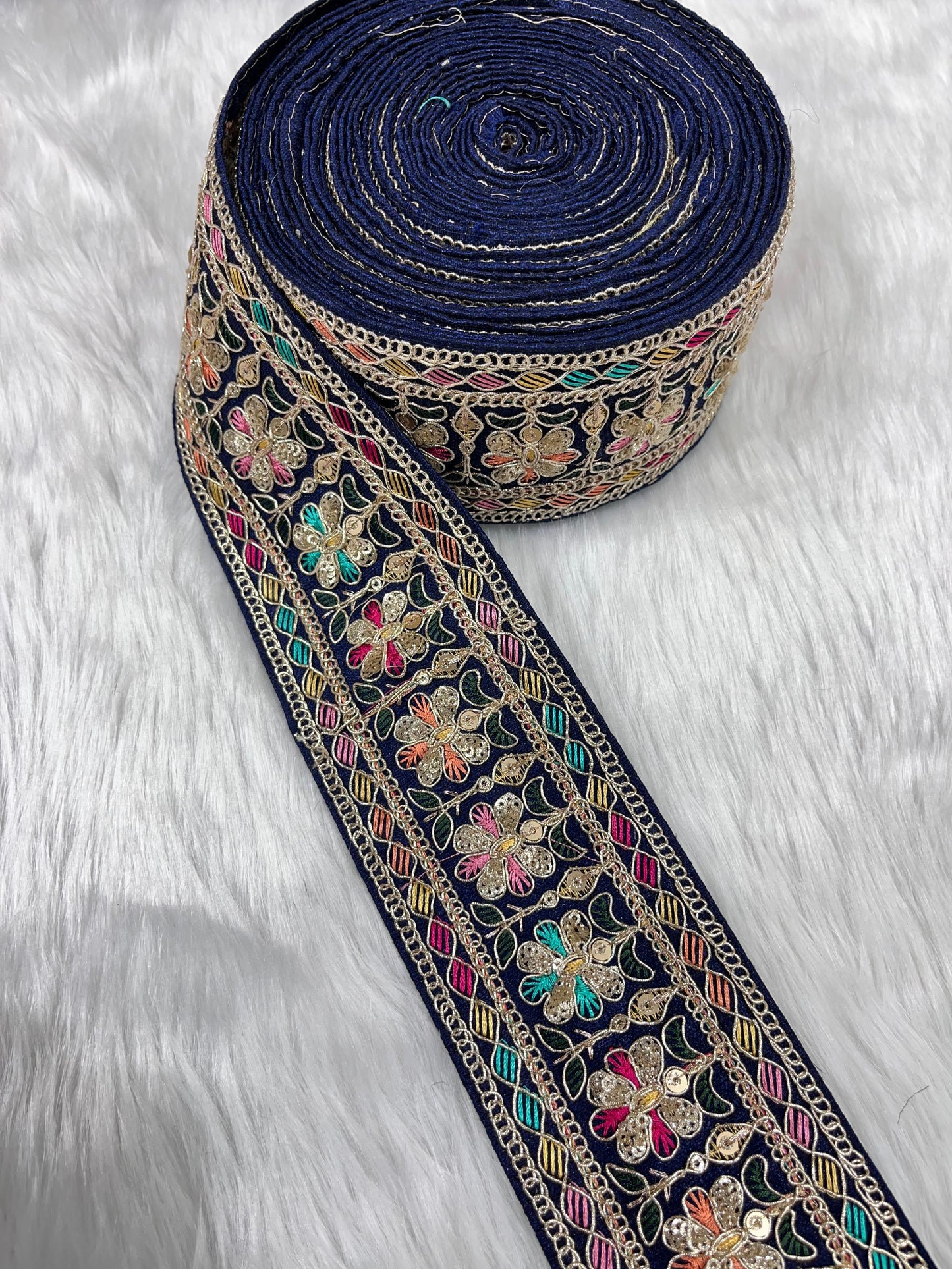 2.5 Inches Decorative Sequin Thread Embroidered Indian Mustard Sari Silk Dupatta Border Ribbon (9 Meter) | Navy Blue