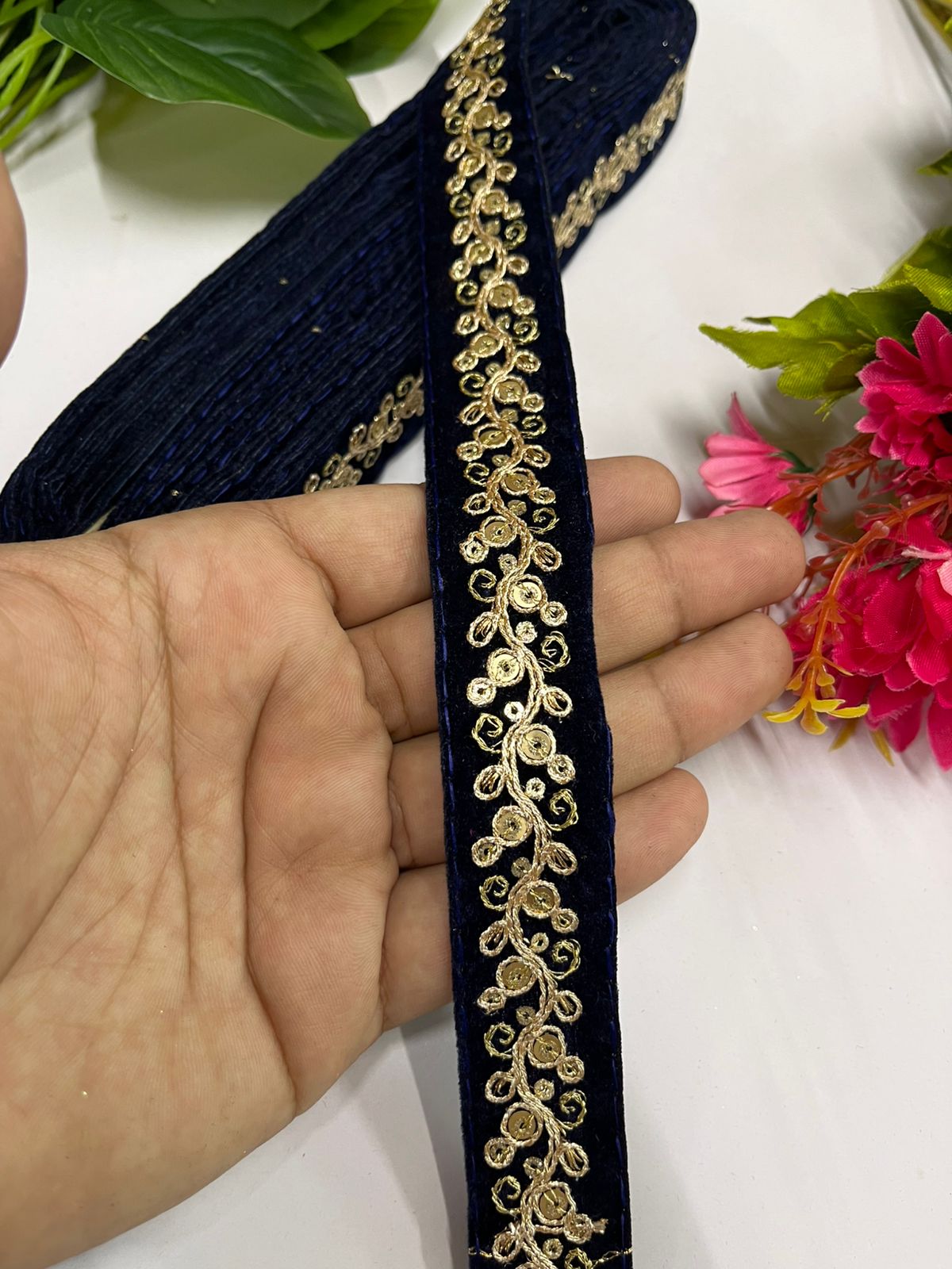 Velvet Embroidered Lace Trim | Saree Border, Craft, Velvet Fabric Lace (9 Mtr) | Navy Blue