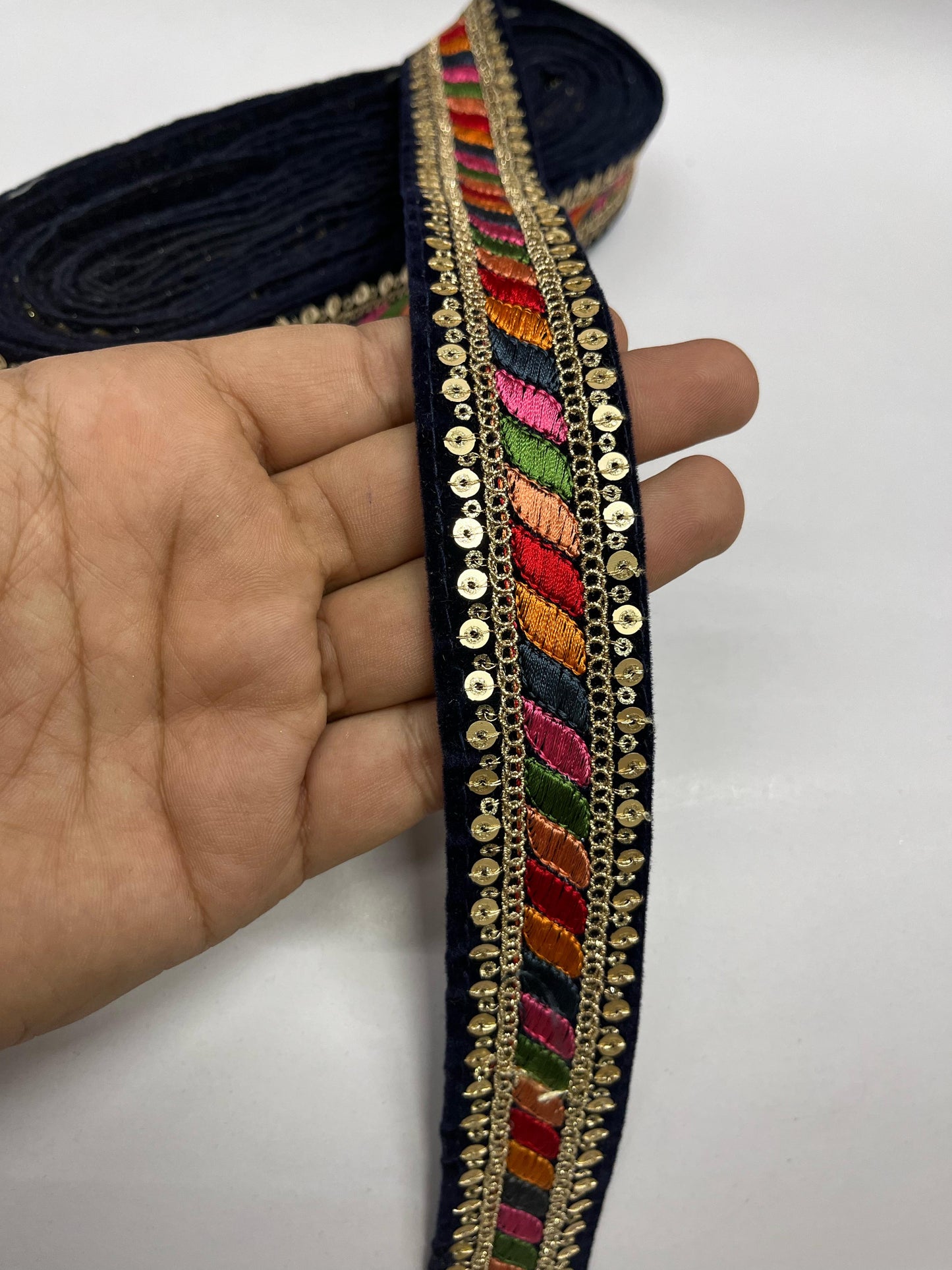 Sewing Embroidery Velvet Lace Border | Decorative Craft Ribbon | Embellished Trim – 9 Meters, 1.5-Inch Width | Navy Blue