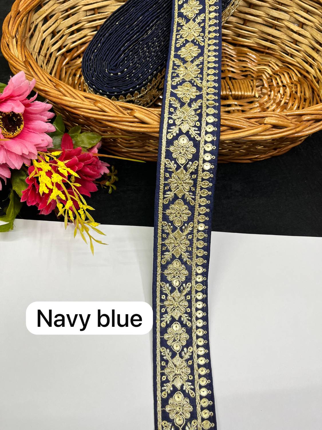 Gold Zari Embroidered Lace for Sarees & Dupattas Border Trim (9 Meter) – 1.5 Inch Width | Navy Blue