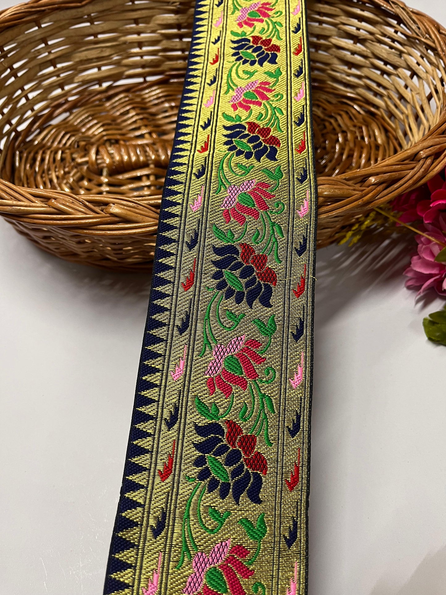 Flower & Leaf Banarasi Saree Lace | Banarasi Lace – 9 Meters, 3-Inch Width | Navy Blue