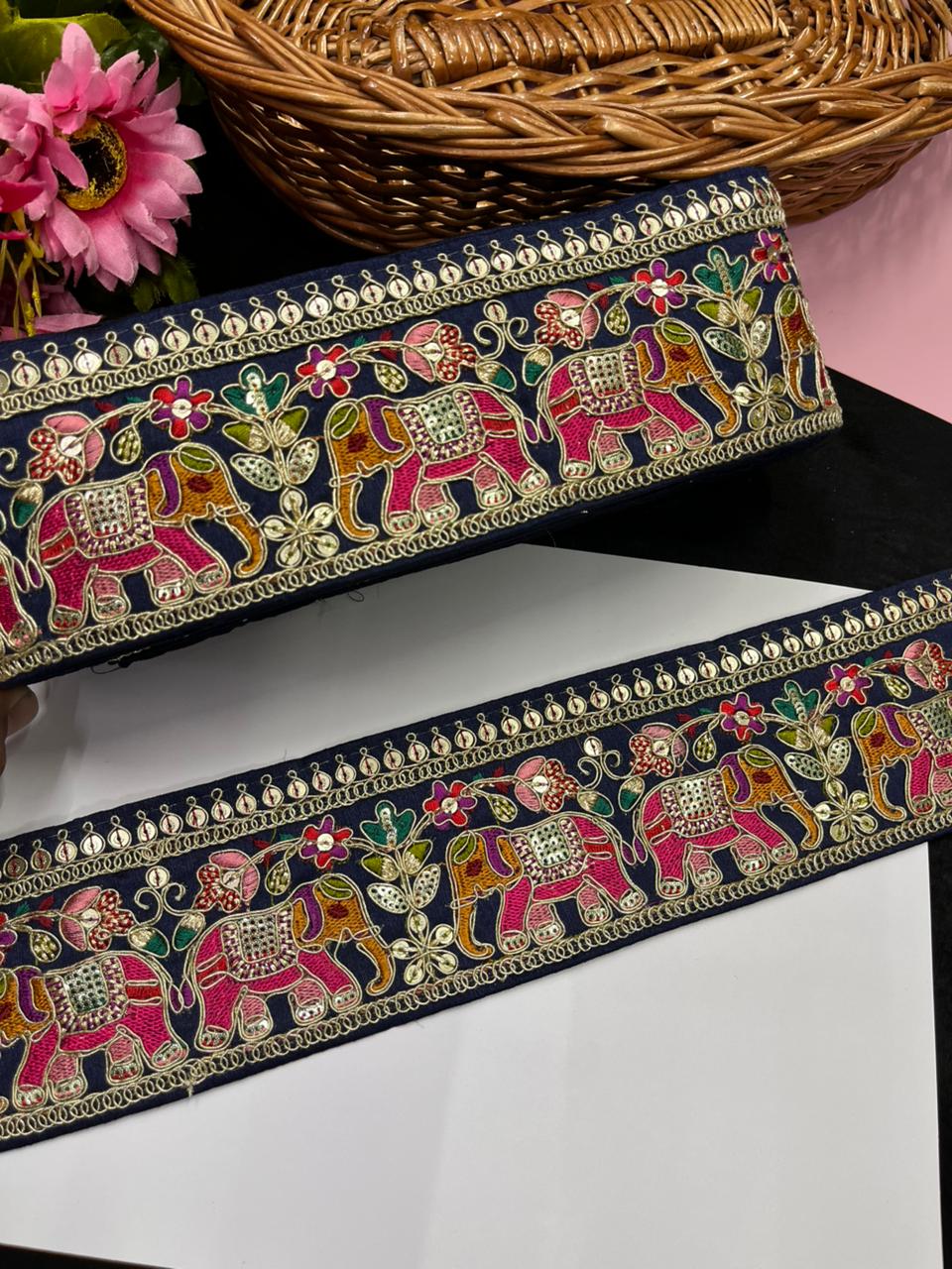 Beautiful Elephant Design Embroidered Zari Saree Lace – Premium Designer Embroidered Lace | Navy Blue