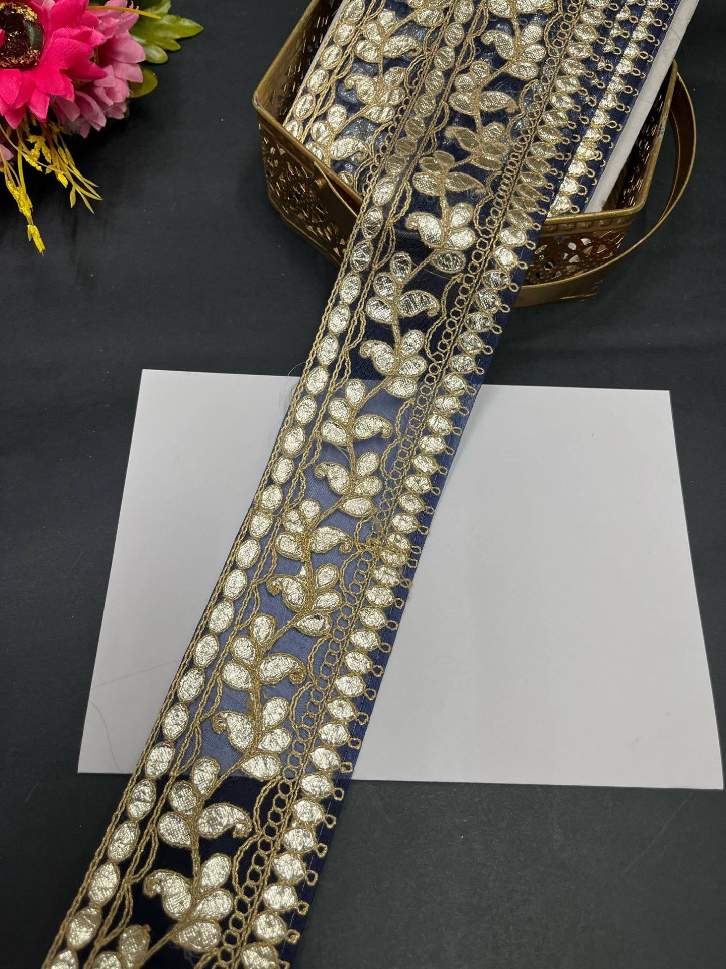 Traditional Gota Lace Borders – 9 Meters, 2.5-Inch Decorative Embellished Trim for Sarees, Lehengas & Dupattas | Navy Blue