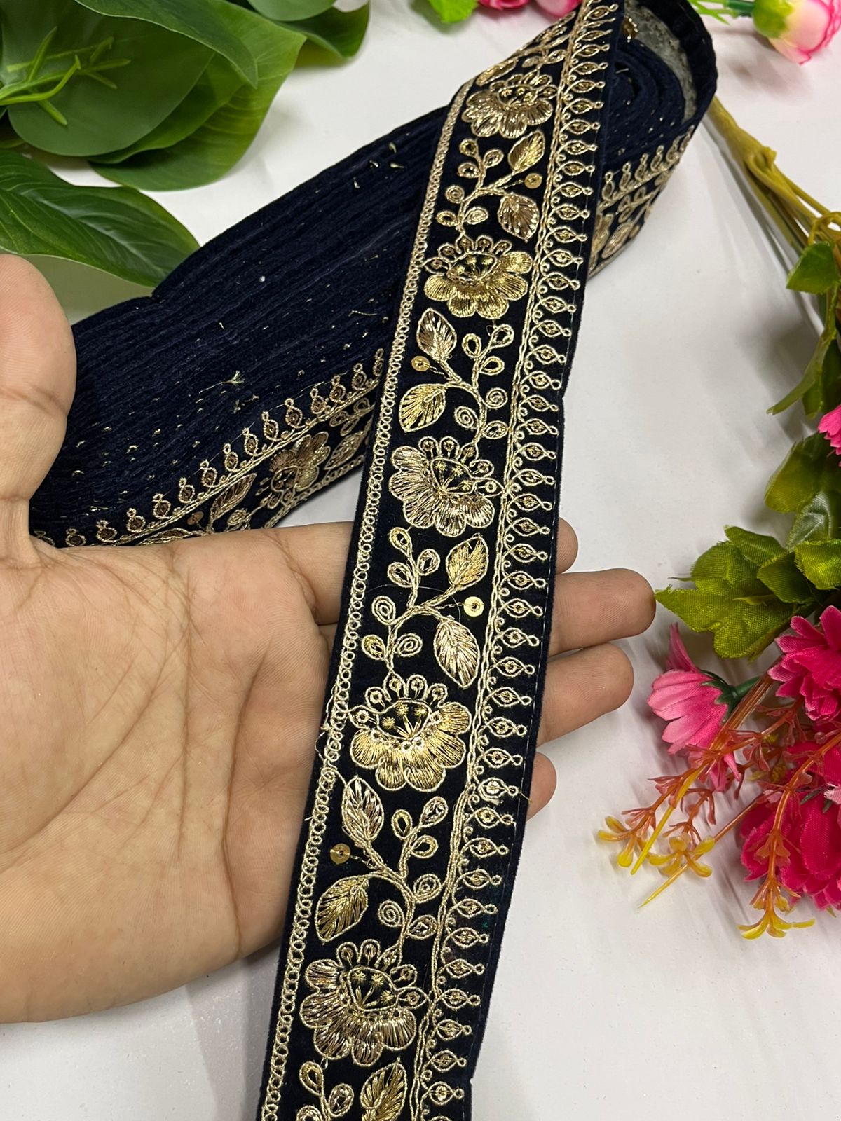 Zari Sequins Embellished Velvet Embroidered Saree Lace | Velvet Fabric Lace Border (9 Mtr) | Navy Blue