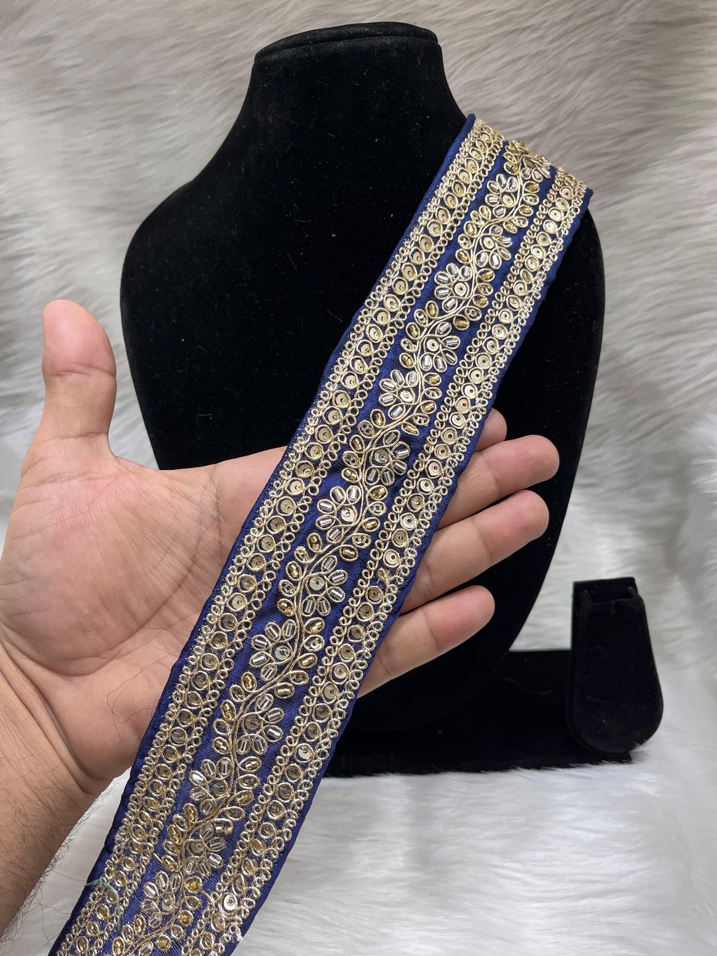 Maggam Work Lace for Saree and Dupatta | Katdana Handmade Lace – 9 Meters, 2-Inch Width | Navy Blue