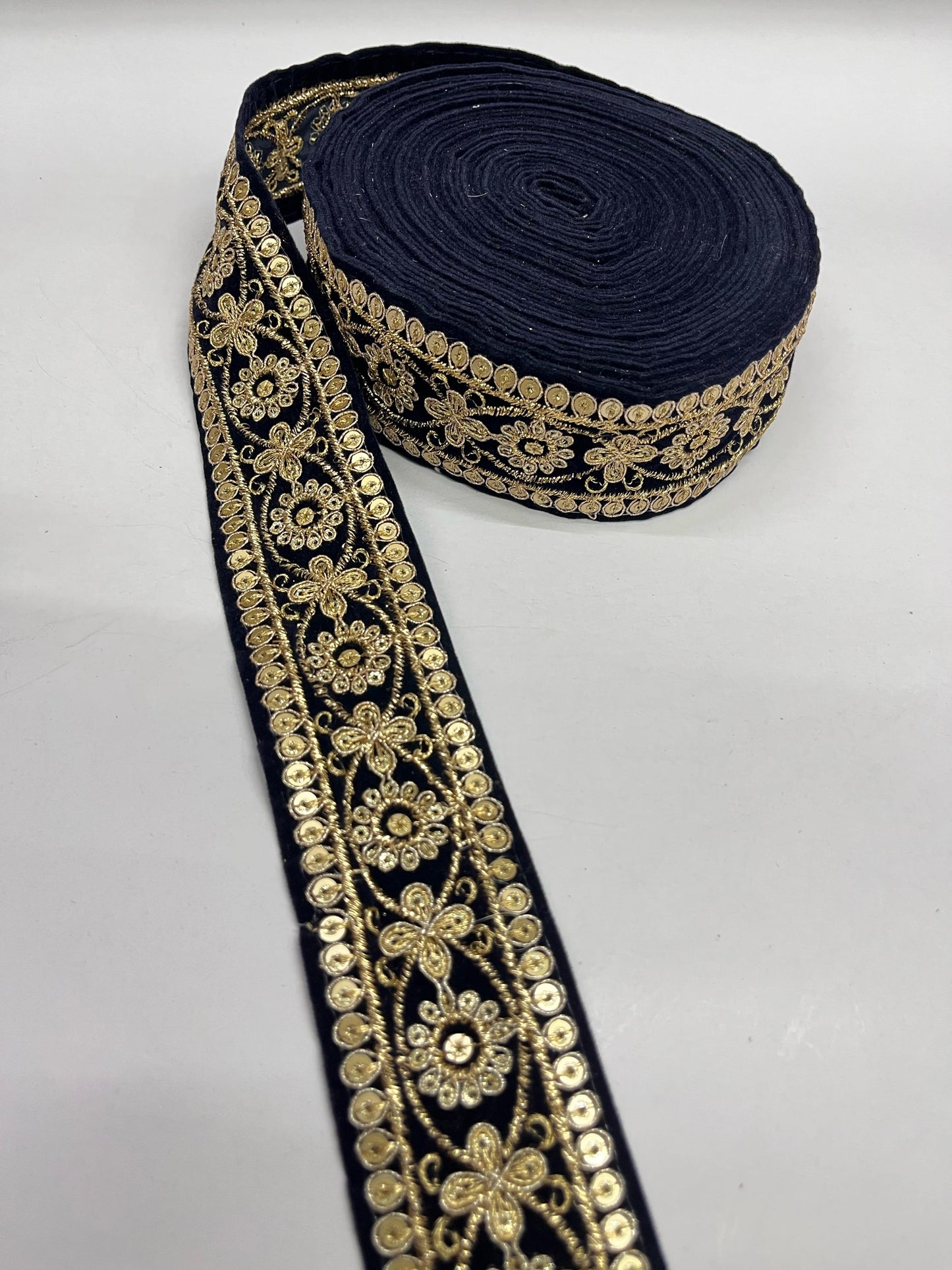 Gold Zari Velvet Sequin Embroidered Lace Border – 9 Meters, 2-Inch Width | Navy Blue