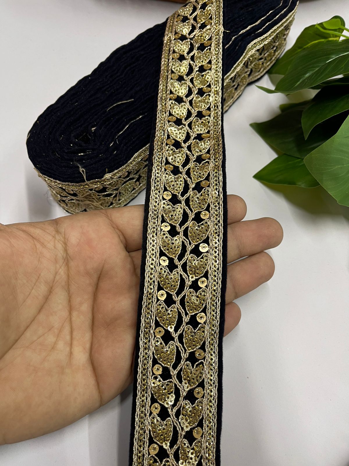 Zari Sequins Embellished Velvet Embroidered Saree Lace | Sari Velvet Fabric Lace Border (9 Mtr) | Navy Blue