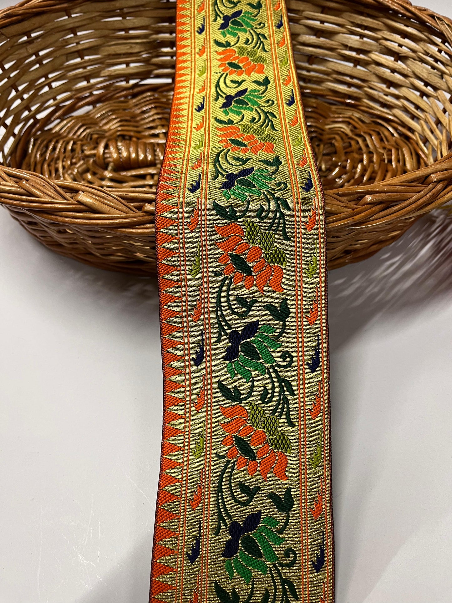 Flower & Leaf Banarasi Saree Lace | Banarasi Lace – 9 Meters, 3-Inch Width | Orange