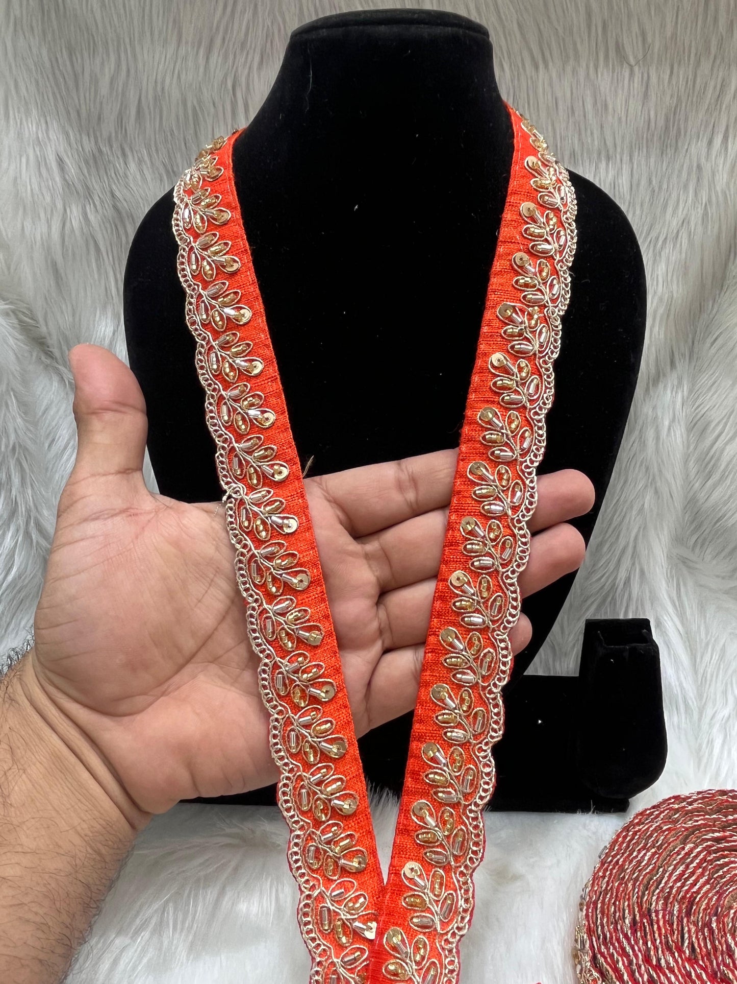 Designer Maggam Work Lace Border – 9 Meters, 1-Inch Width, Handcrafted Embroidery | Orange