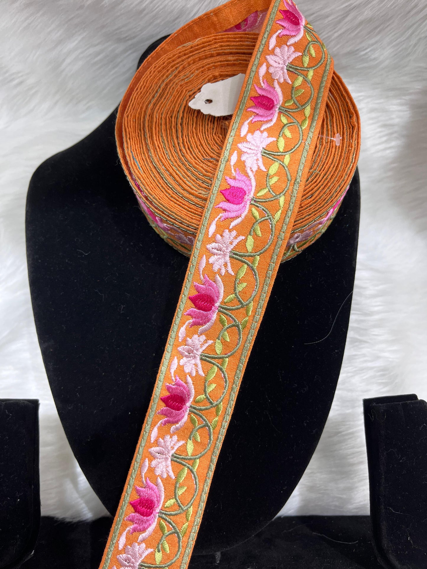 Parsi Work Flower Thread Embroidered Lace – 9 Meters, 1.5-Inch Width, Handcrafted Border Trim | Orange