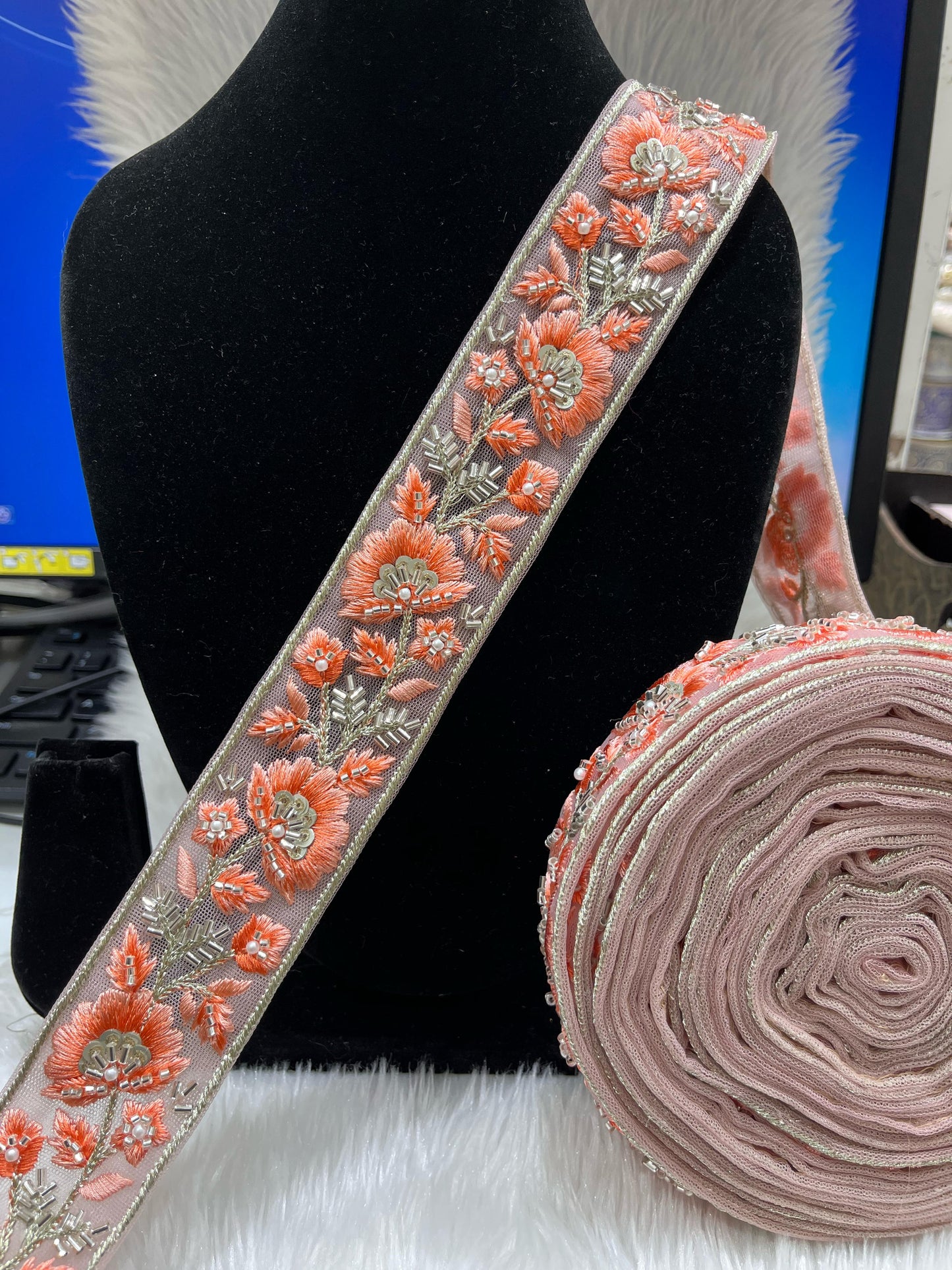 Thread and Cutdana Work Saree Lace | Embroidered Lace for Saree, Dupatta, Lehenga – 9 Meters, 1.5-Inch Width | Orange