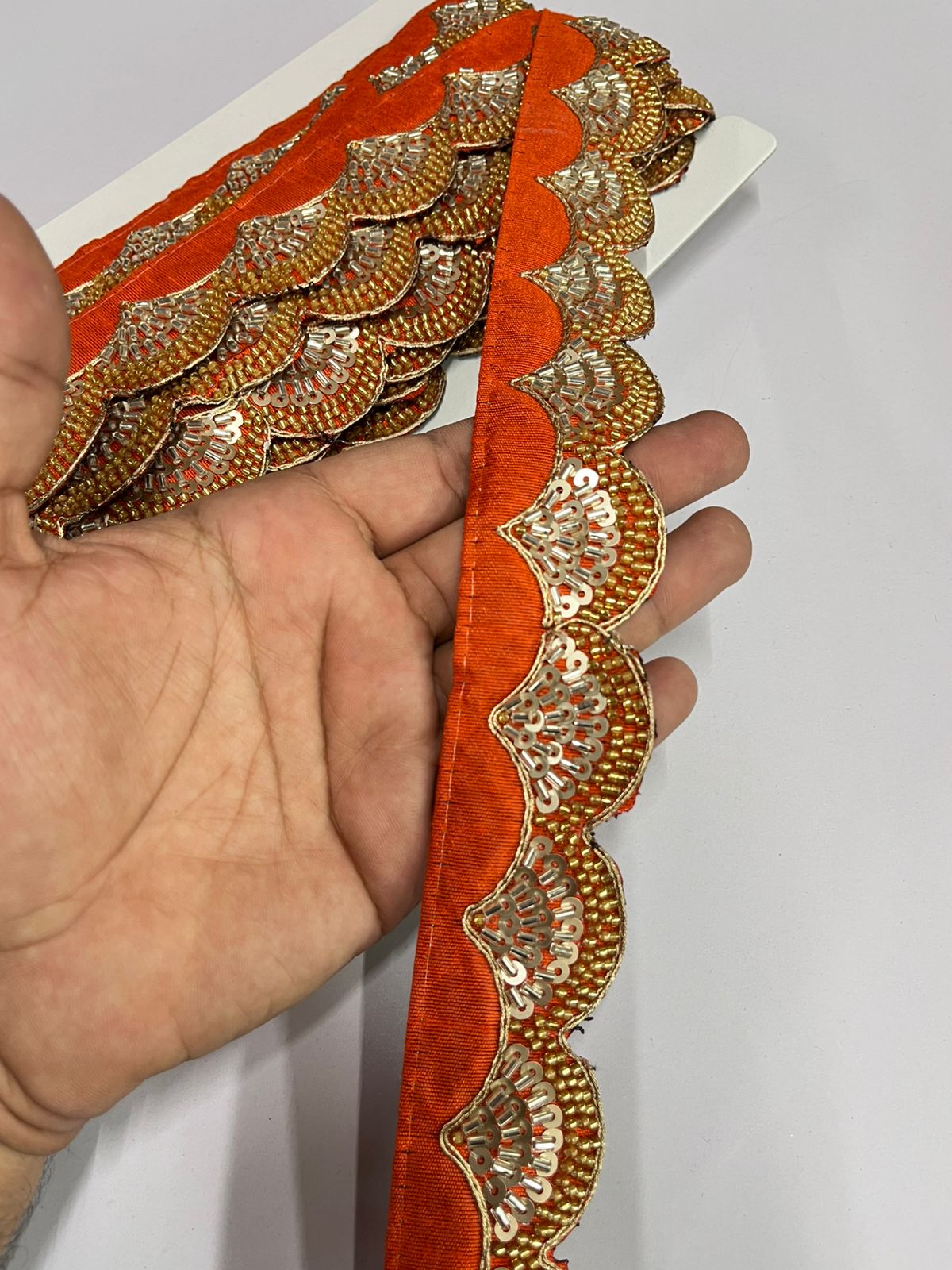 Maggam Work Embroidered Lace - 9 Meter Roll | Elegant 1.5 Inch Wide Decorative Border | Orange