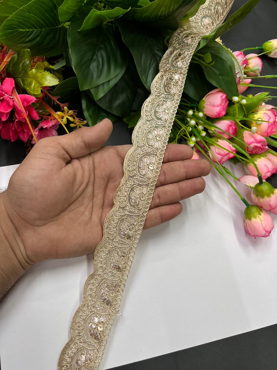 Scalloped Embroidered Zari Lace Designs – Premium 1.5 Inch Gold Designer Border for Sarees, Dupattas & Festive Wear (9 Meter) | Pal Mat