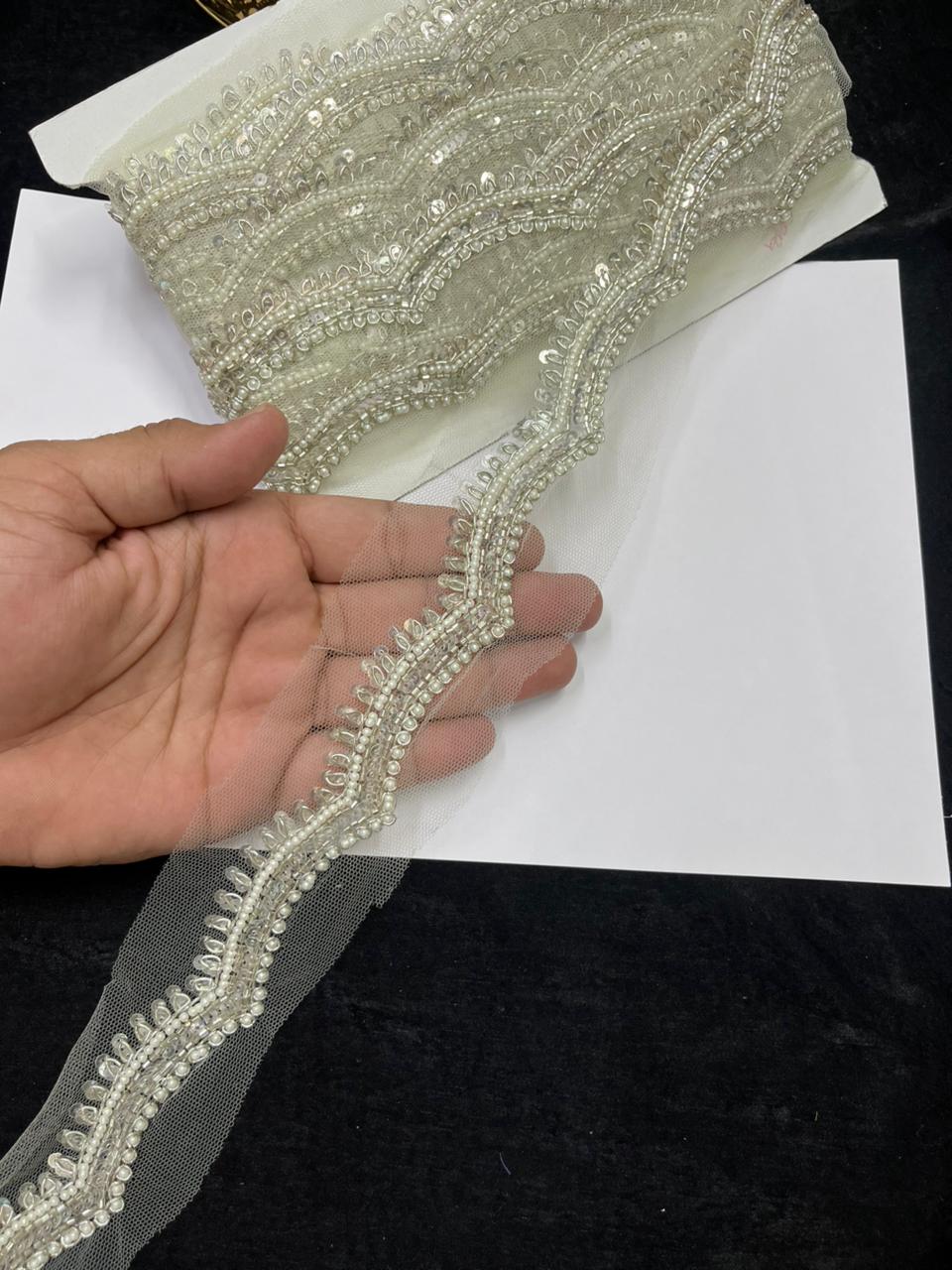 Scalloped Sequins Zardozi Lace on Net Fabric for Sarees, Kurtis & Dresses – Designer Handmade Embroidered Lace Border (1 Inch) | Pani Gold