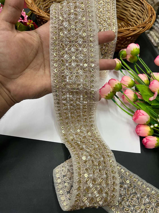 Pearl & Katdana Embroidered Zari Lace – Maggam Work Decorative Lace for Sarees, Dupattas, and Dresses (9 mtr, 3 inch) | Pani Gold