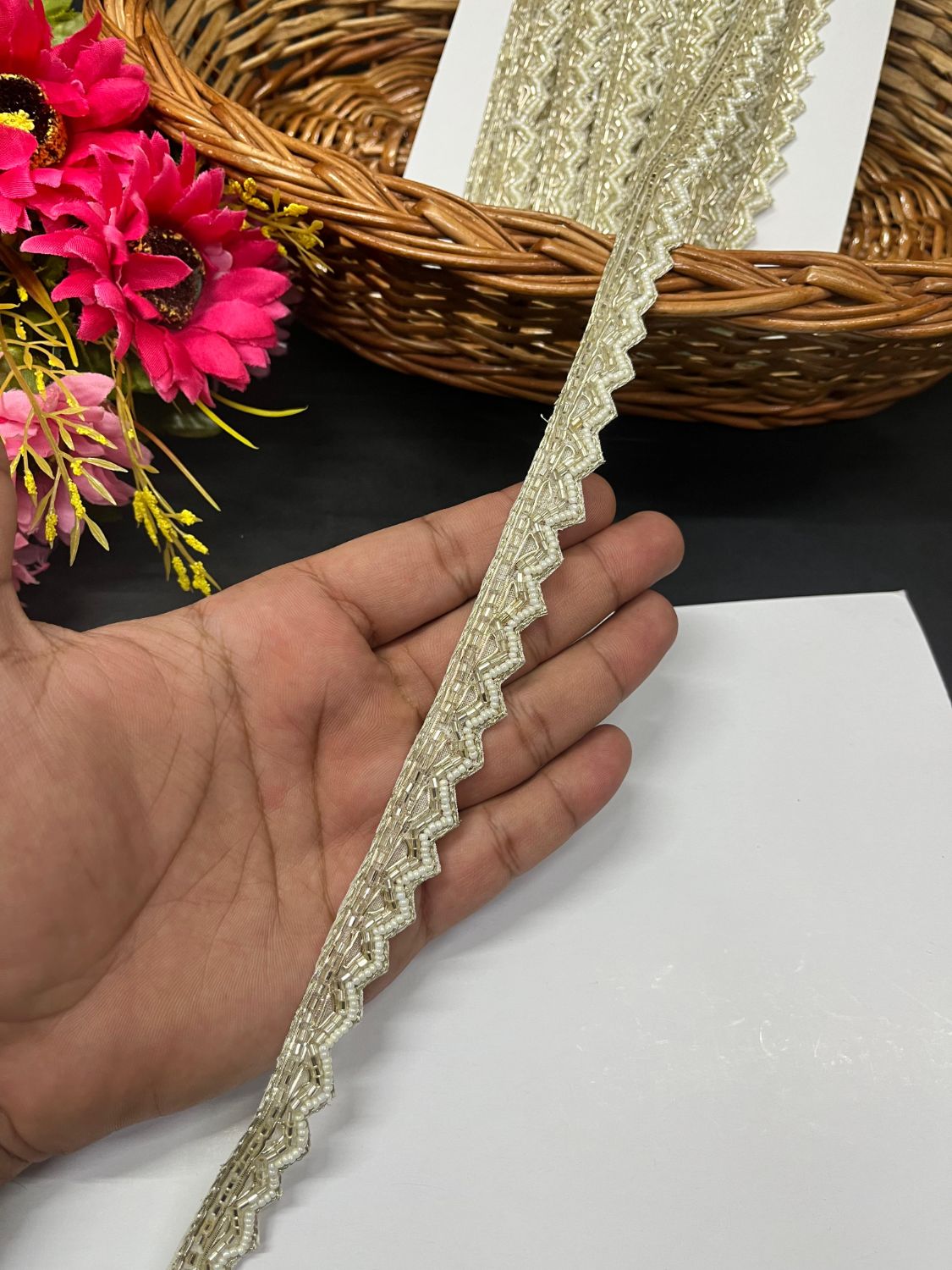 Cutdana Pipe Work with Pearl & Zardosi Work Handcrafted Lace – Handmade Decorative Lace for Sarees, Dupattas, and Dresses (9 Mtr, 0.5 inch)