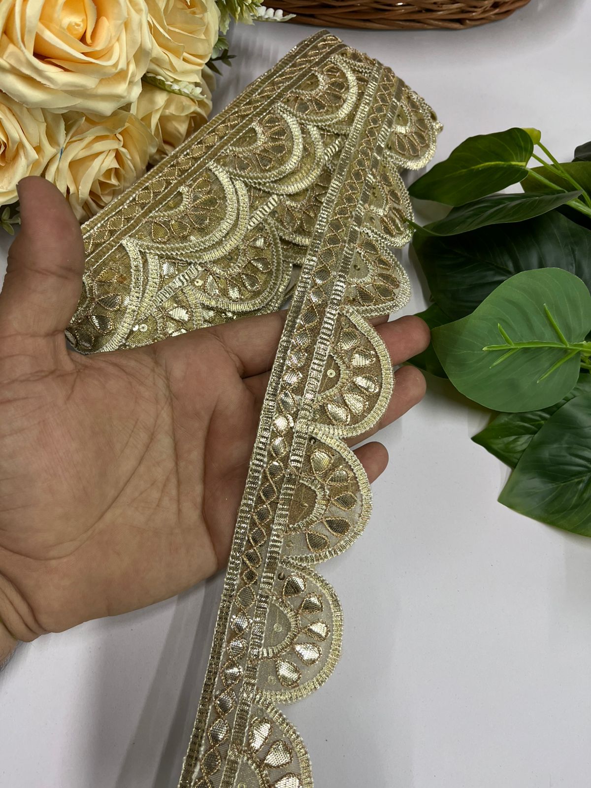 Scalloped Handmade Gota Lace Border - 9 Meter Roll | 2-Inch Wide Gota Trims for Crafting & Embellishments | Pani Gold