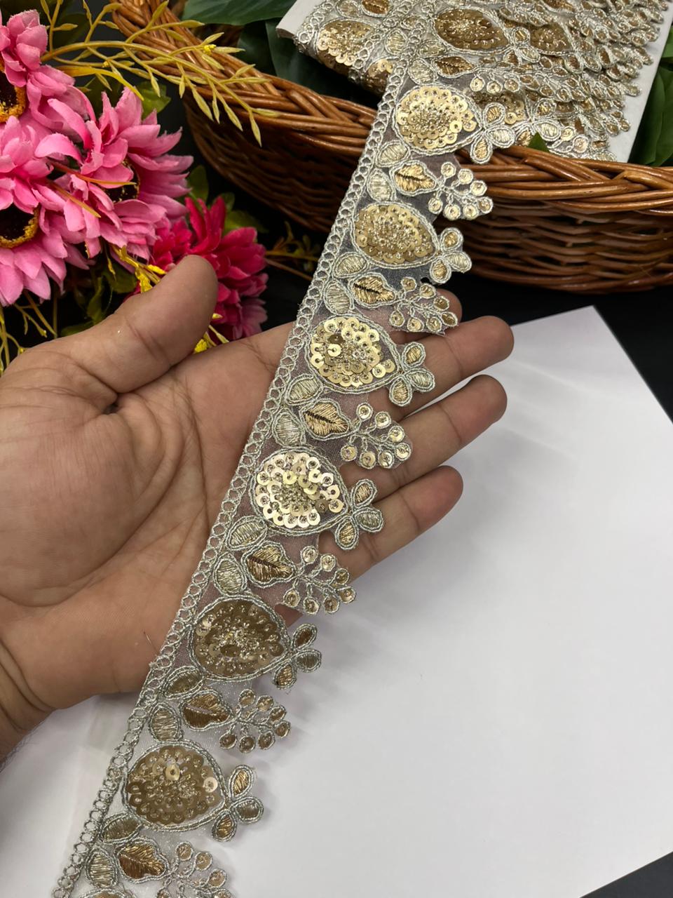 Sequins Embroidered Zari Lace Border – Heavy Gold Designer Lace for Sarees, Lehengas, Dupattas & Couture Wear (9 Meter, 2.5 Inch Width) | Pani Gold