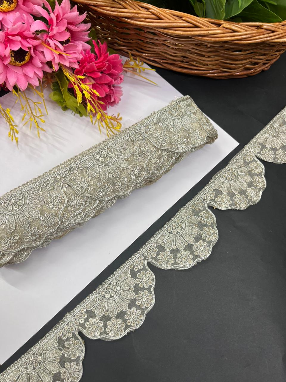 Scalloped Embroidered Zari Lace Border for Sarees – Premium Gold Designer Lace for Dupattas, Lehengas & Bridal Wear (9 Meter, 2 Inch Width) | Pani Gold