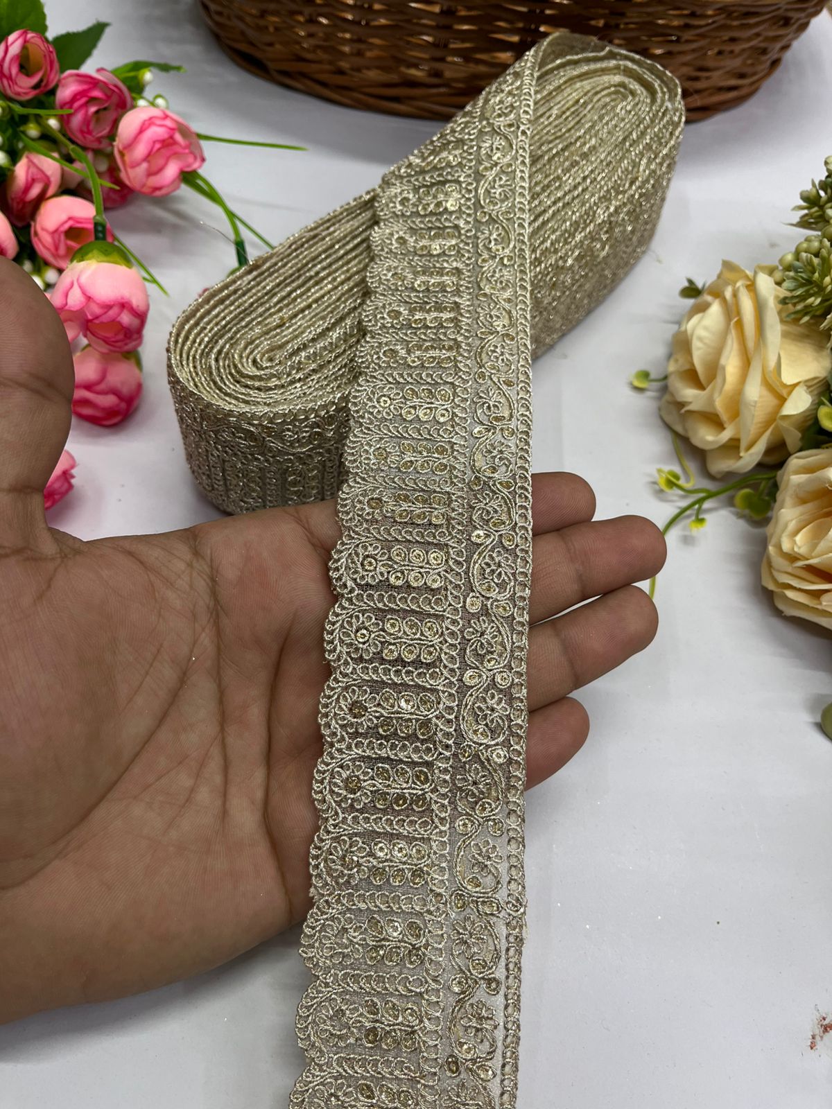 Gold Zari with Gold Sequins Embroidered Lace - 9 Meter (2 Inch Width, Pani Gold)