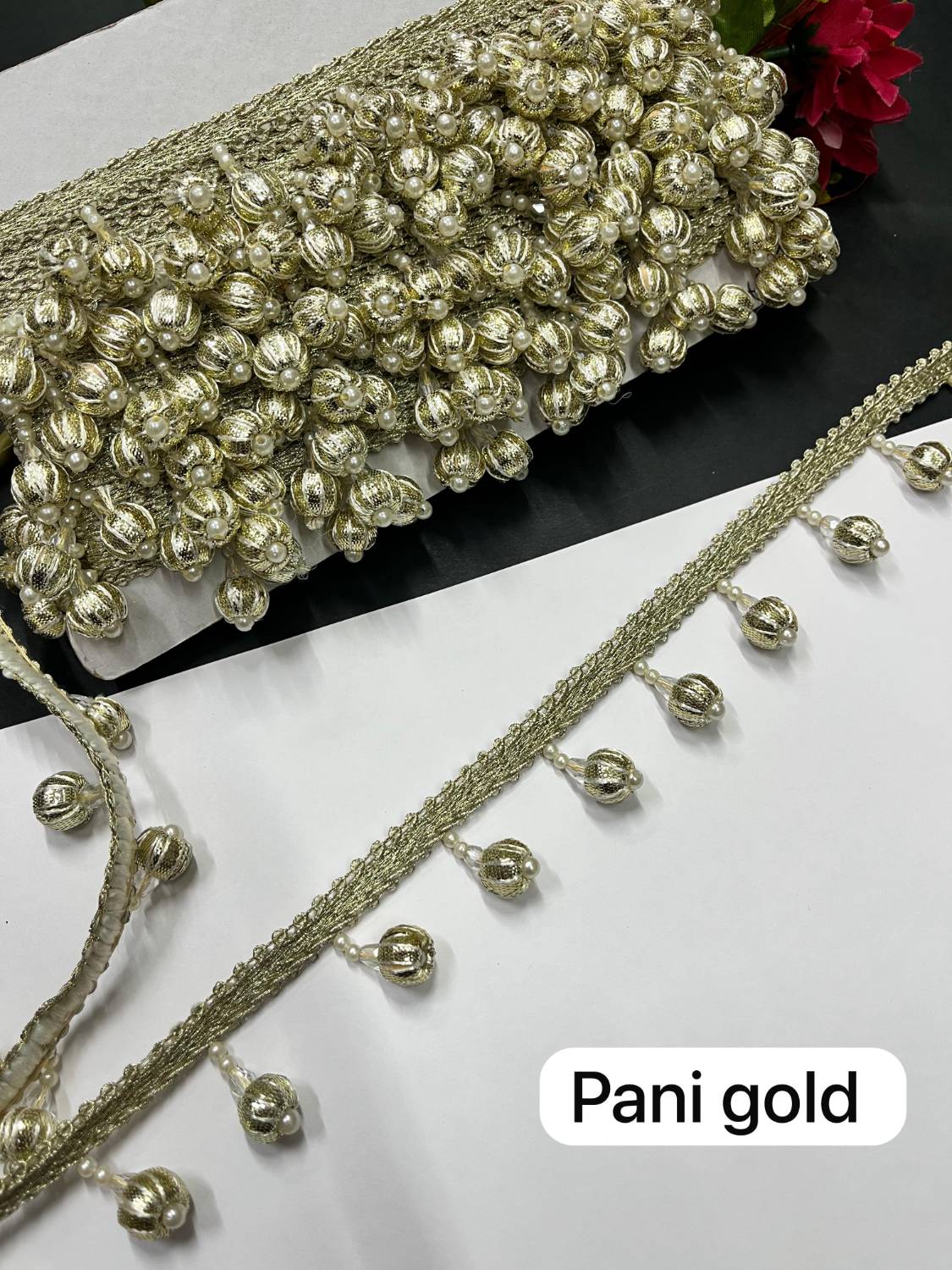 Gota Ball Hanging Lace | Gota Latkan Lace – Decorative Lace for Sarees, Dupattas, and Dresses (9 mtr, 1.5 inch) | Pani Gold