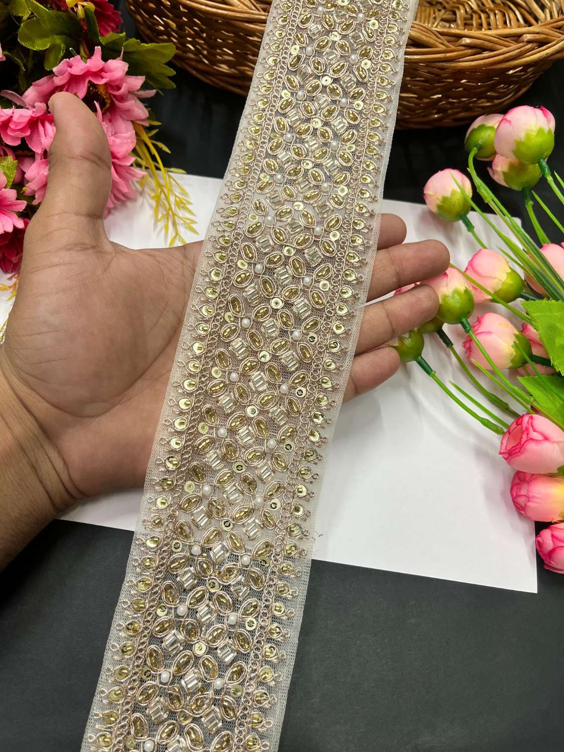 Pearl & Katdana Embroidered Zari Lace – Maggam Work Decorative Lace for Sarees, Dupattas, and Dresses (9 mtr, 3 inch) | Pani Gold