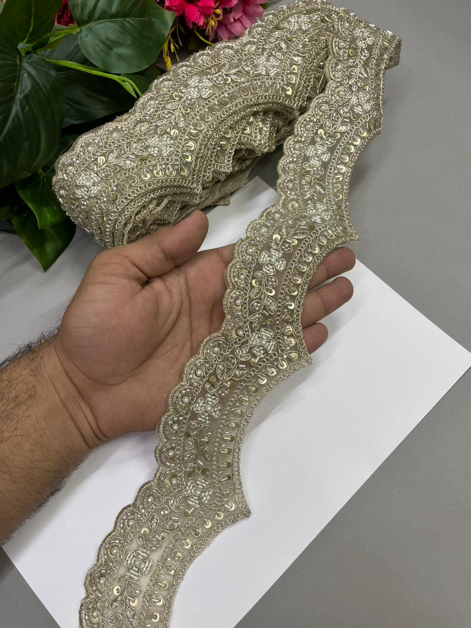 Cutdana Work Scalloped Zari Lace – Premium 2 Inch Gold Embroidered Decorative Border for Bridal & Festive Wear (9 Meter) | Pani Gold