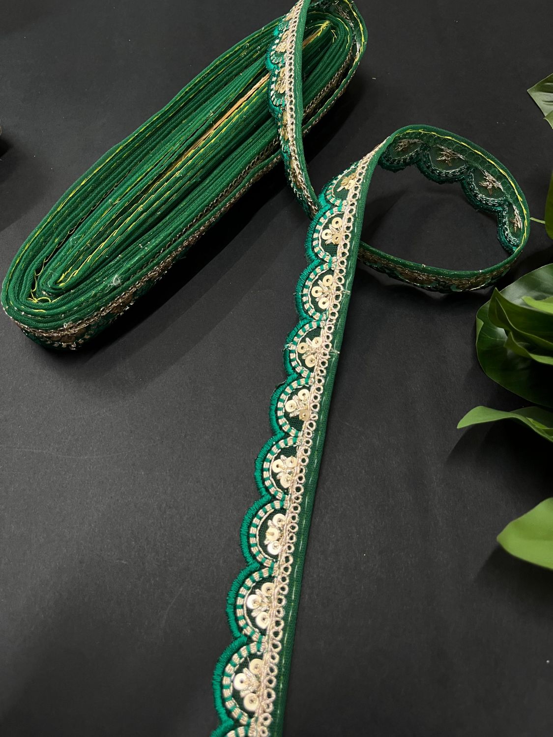 Gold Sequin Embroidered Lace on Net Fabric – Tone-to-Tone Design for Sarees, Dresses & Crafts – 9 Meter | Paroot Green