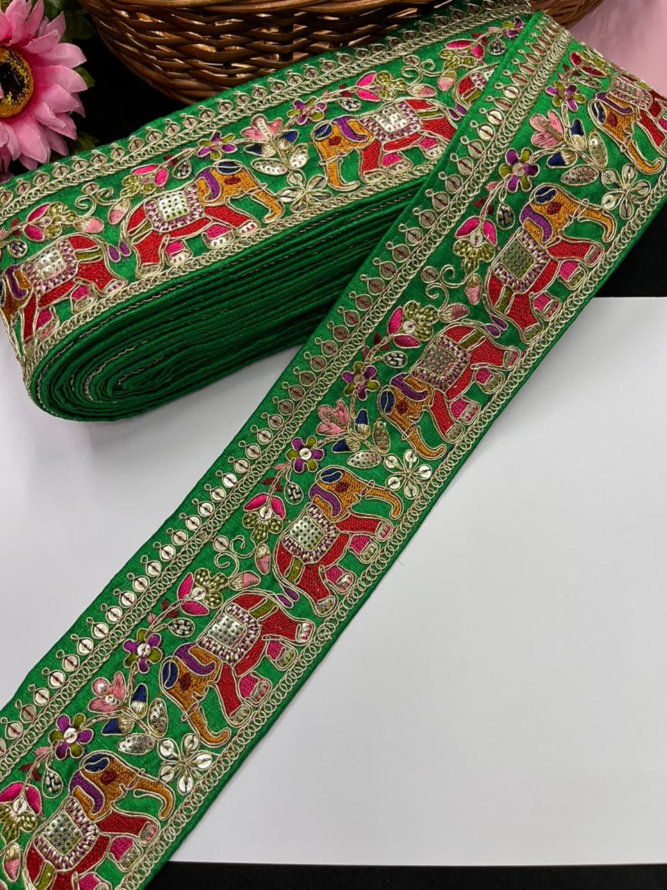 Beautiful Elephant Design Embroidered Zari Saree Lace – Premium Designer Embroidered Lace | Parrot Green