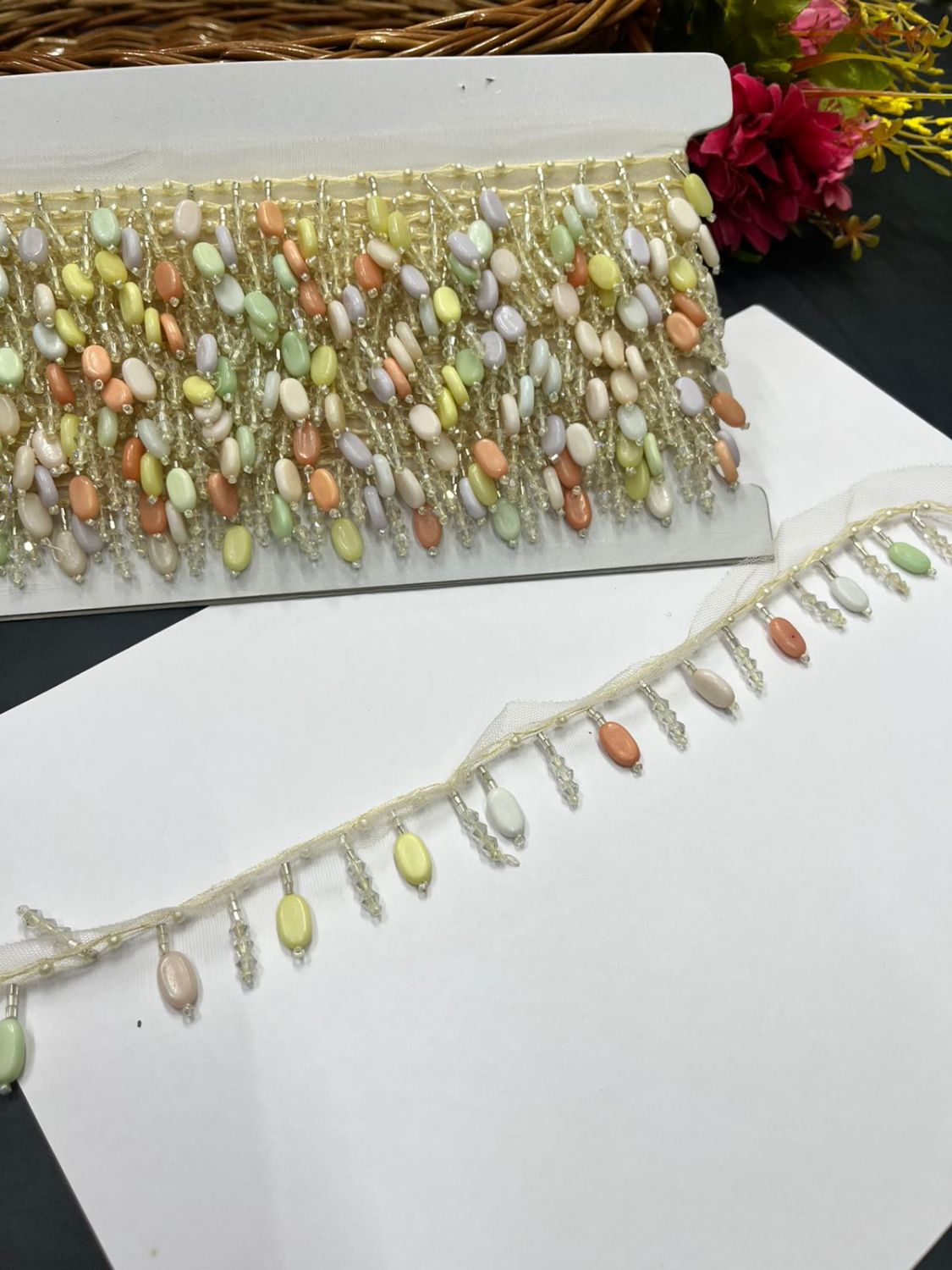 Crystal Hanging Lace – Decorative Latkan Lace for Sarees, Dupattas, and Dresses (9 mtr, 1 inch) | Pastel Multi