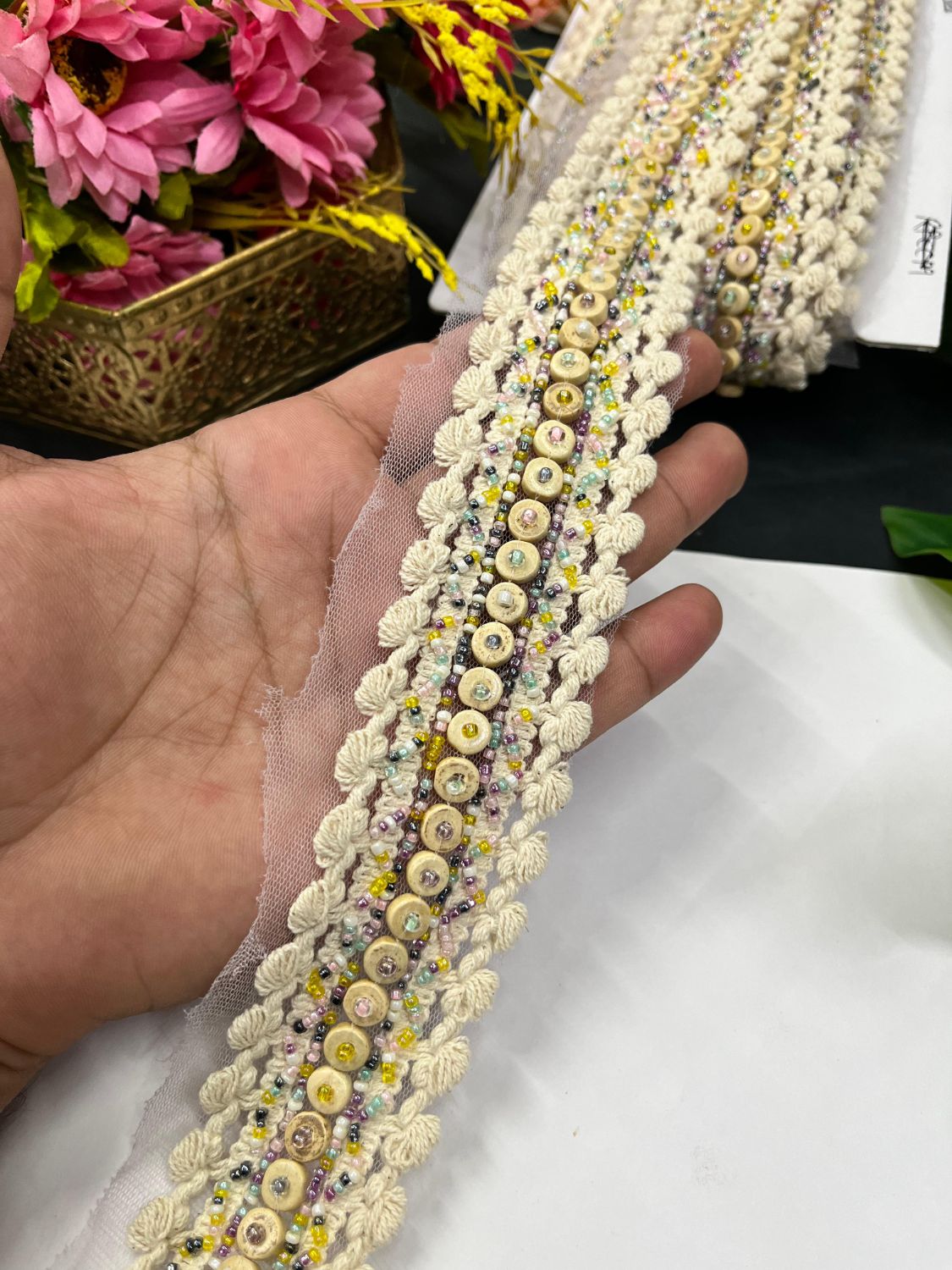 Boho Style Western Lace Trim – Imported Decorative Lace for Dresses, Sarees, and Dupattas (9 mtr, 2 inch) | Pastel Multi