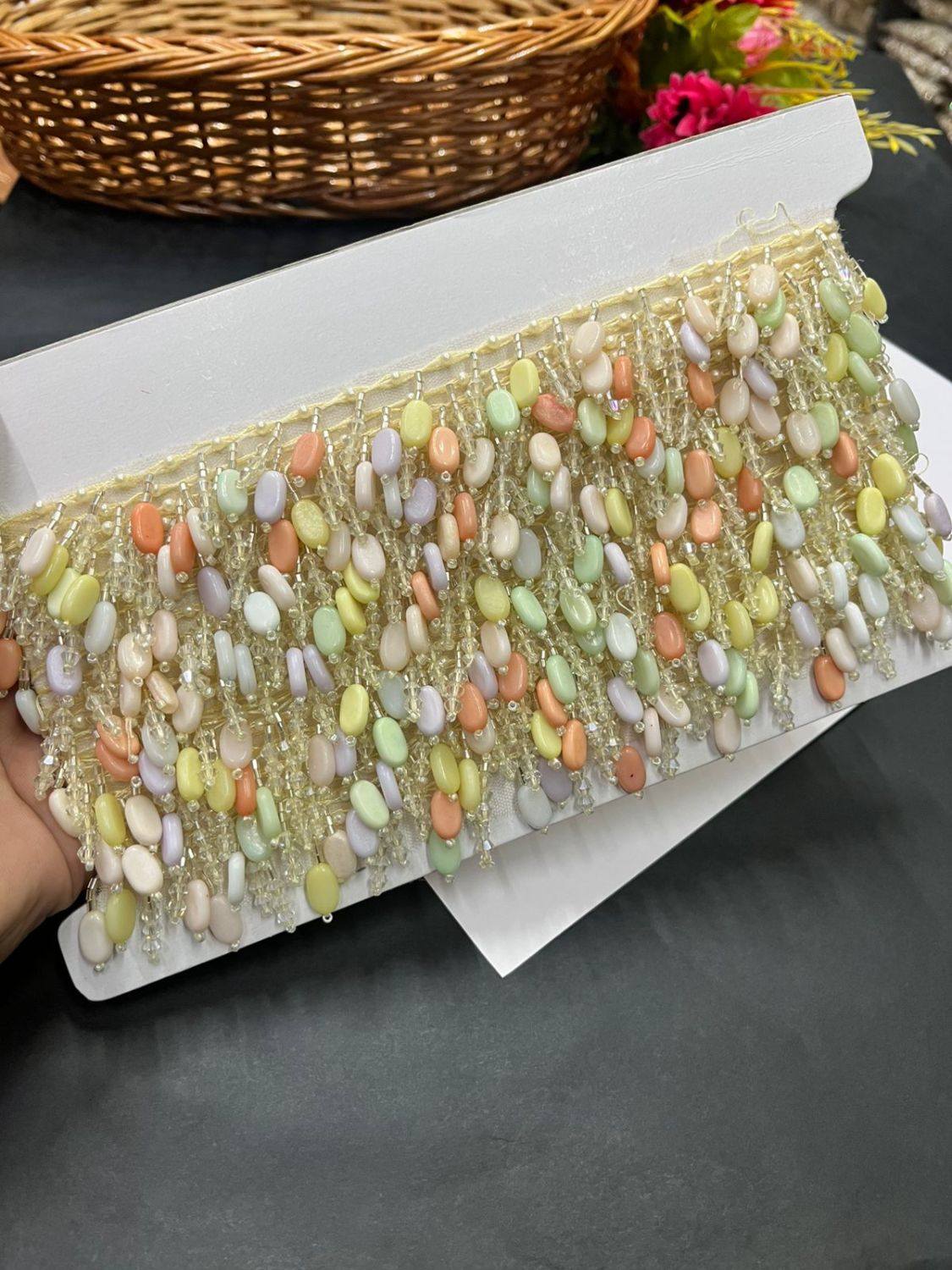 Crystal Hanging Lace – Decorative Latkan Lace for Sarees, Dupattas, and Dresses (9 mtr, 1 inch) | Pastel Multi
