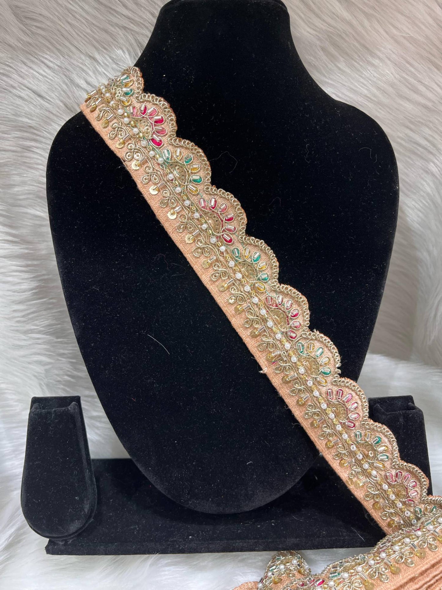 Scalloped Handwork Cutdana & Pearl Embroidered Saree Lace – 9 Meters, 1.5-Inch Maggam Work Border Trim | Peach