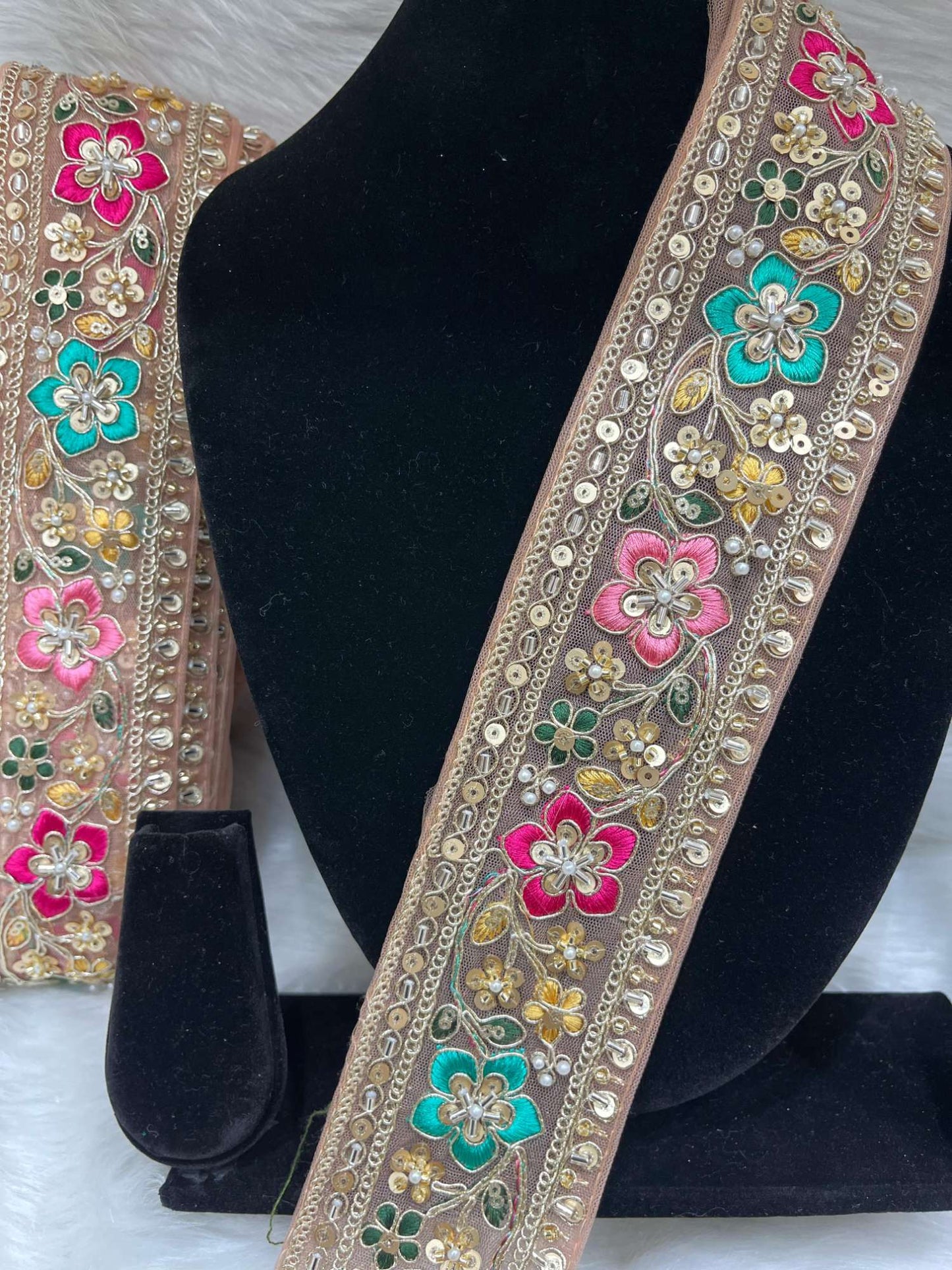 Embroidered Beaded Sequins Lace Borders on Net Fabric – 9 Meters, 2.5-Inch Maggam Work Trim for Sarees & Lehengas | Peach