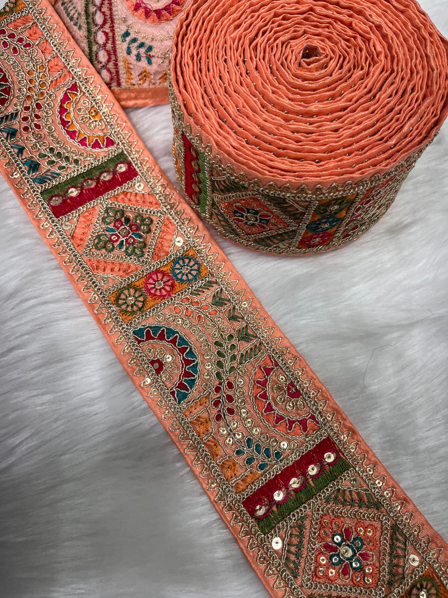 3 Inch Indian Saree Lace Border Embroidered Trim – Floral Decorative Ribbon for Art Quilts & Craft Projects (9 Meter) | Peach