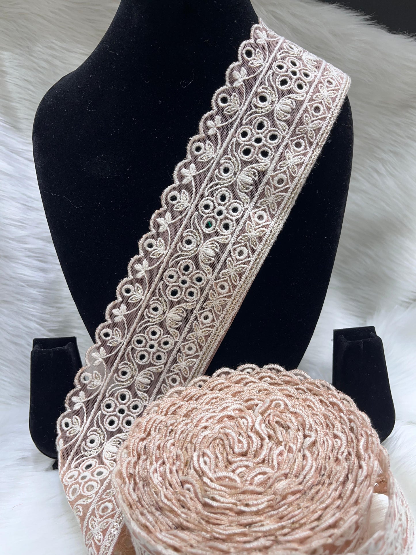 Lucknowi Threads Lace Trim for Saree and Dupatta - 3 Inch Cutwork Saree Lace Trim | Peach