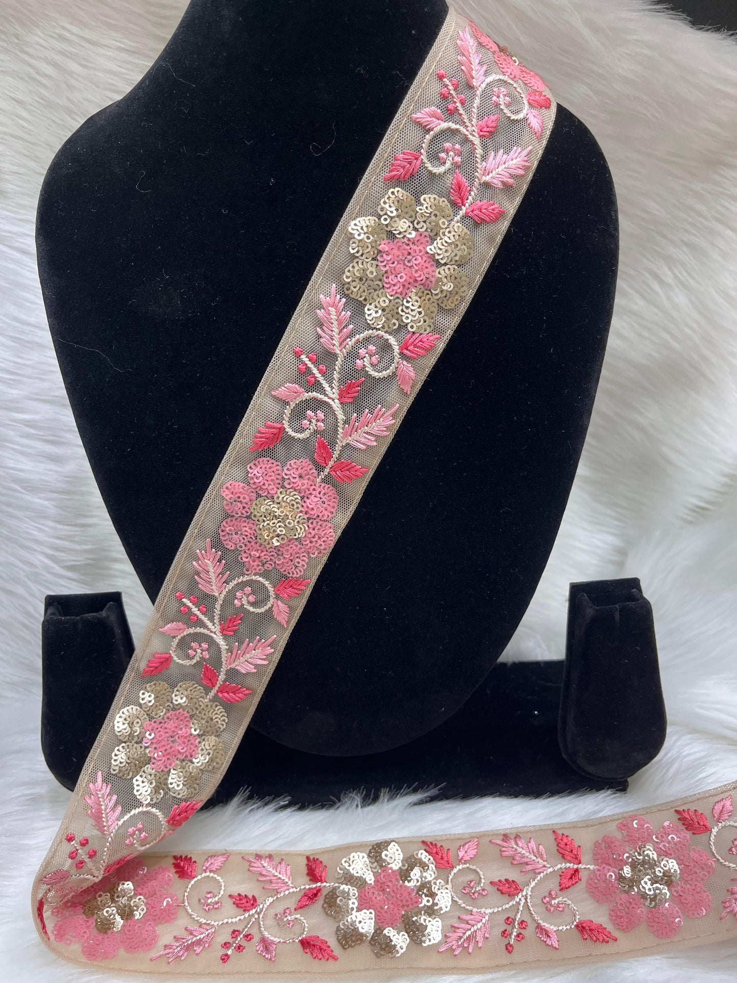Beautiful Sequence Lace Trim on Net Fabric - 9 Meter | Peach